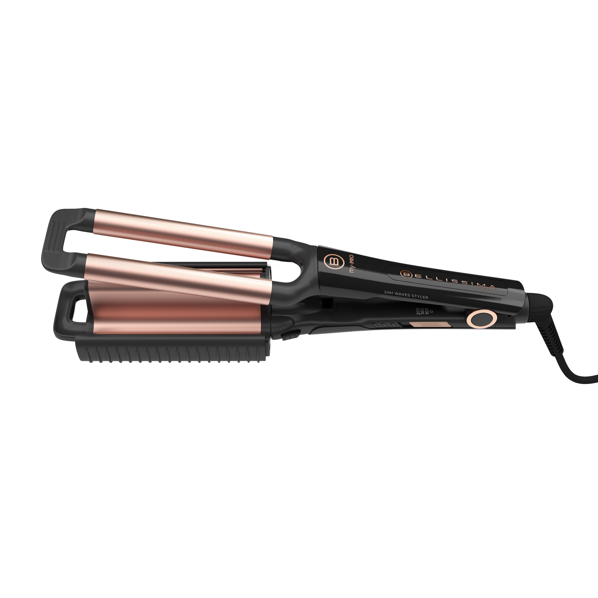 Róża złota i czarna lokówka do włosów. Jest otwarta, z falistymi płytkami. Ma czarny uchwyt i przewód.