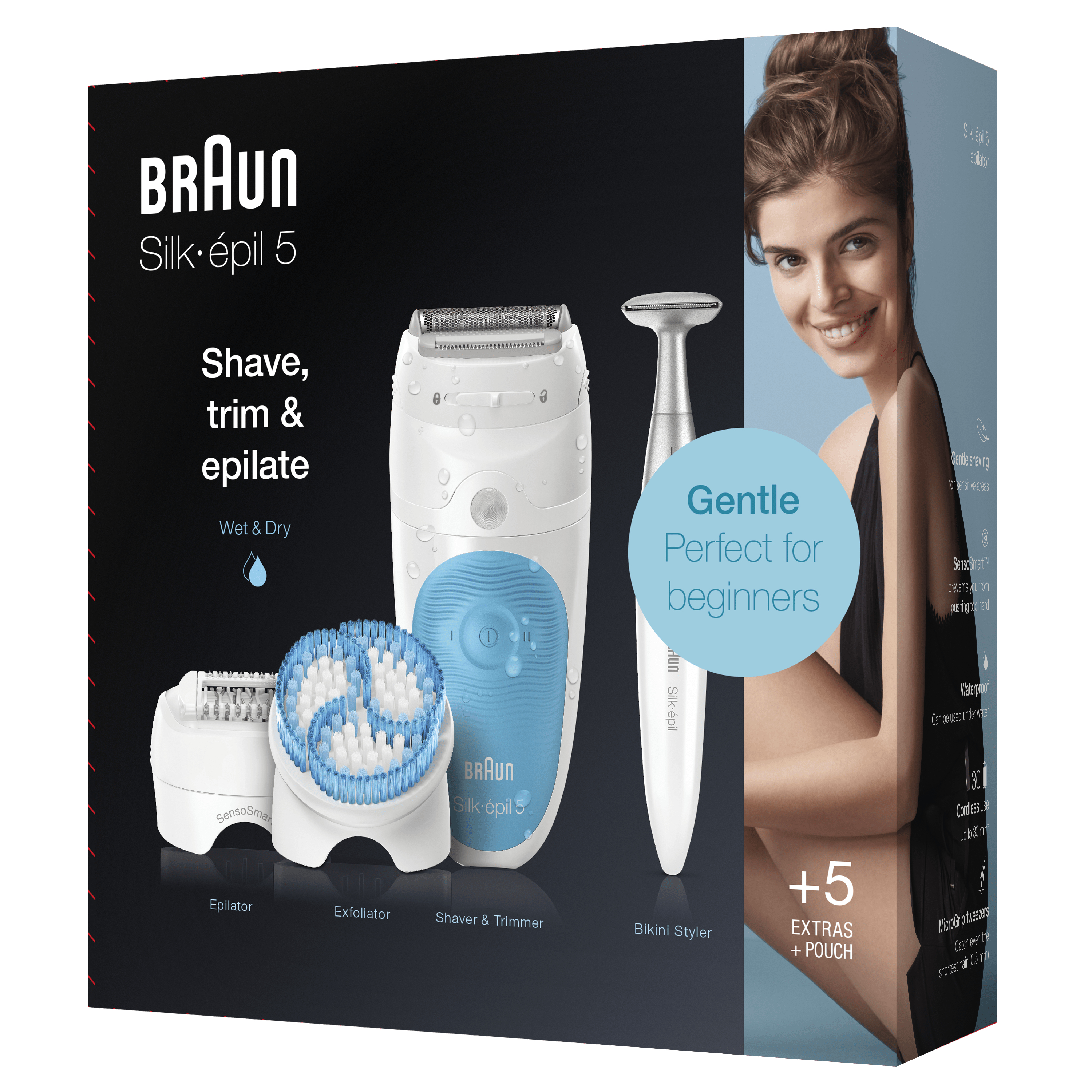 Set de depiladora Braun Silk-épil 5. Incluye depiladora, afeitadora, recortadora, moldeador de bikini y accesorios.