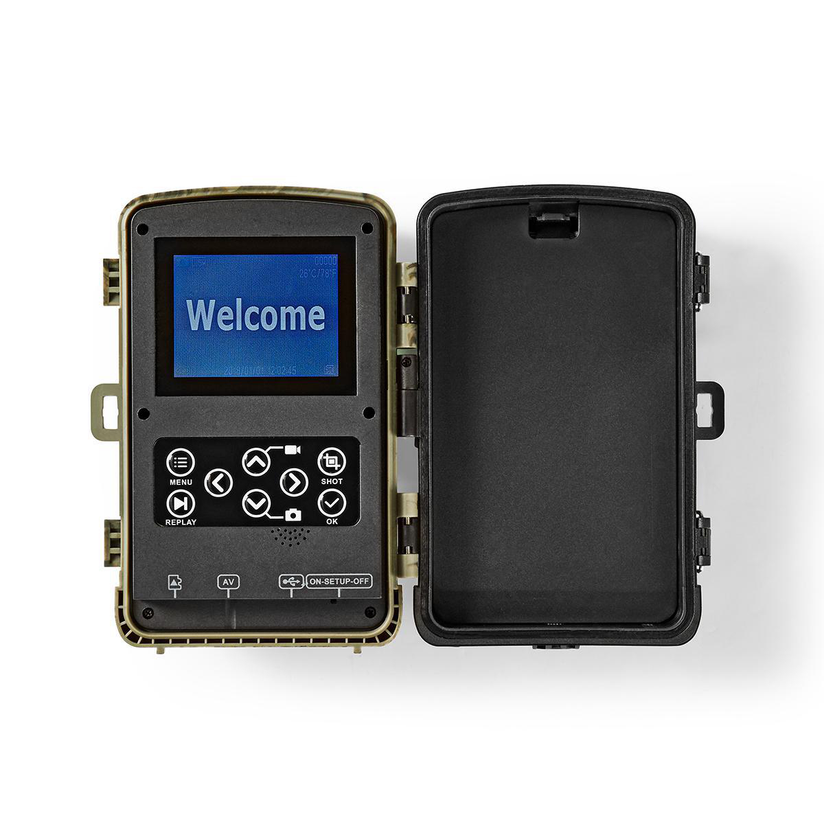 Zielono-czarna kamera leśna z otwartymi drzwiami wyświetlającymi powitalną wiadomość na niebieskim ekranie.