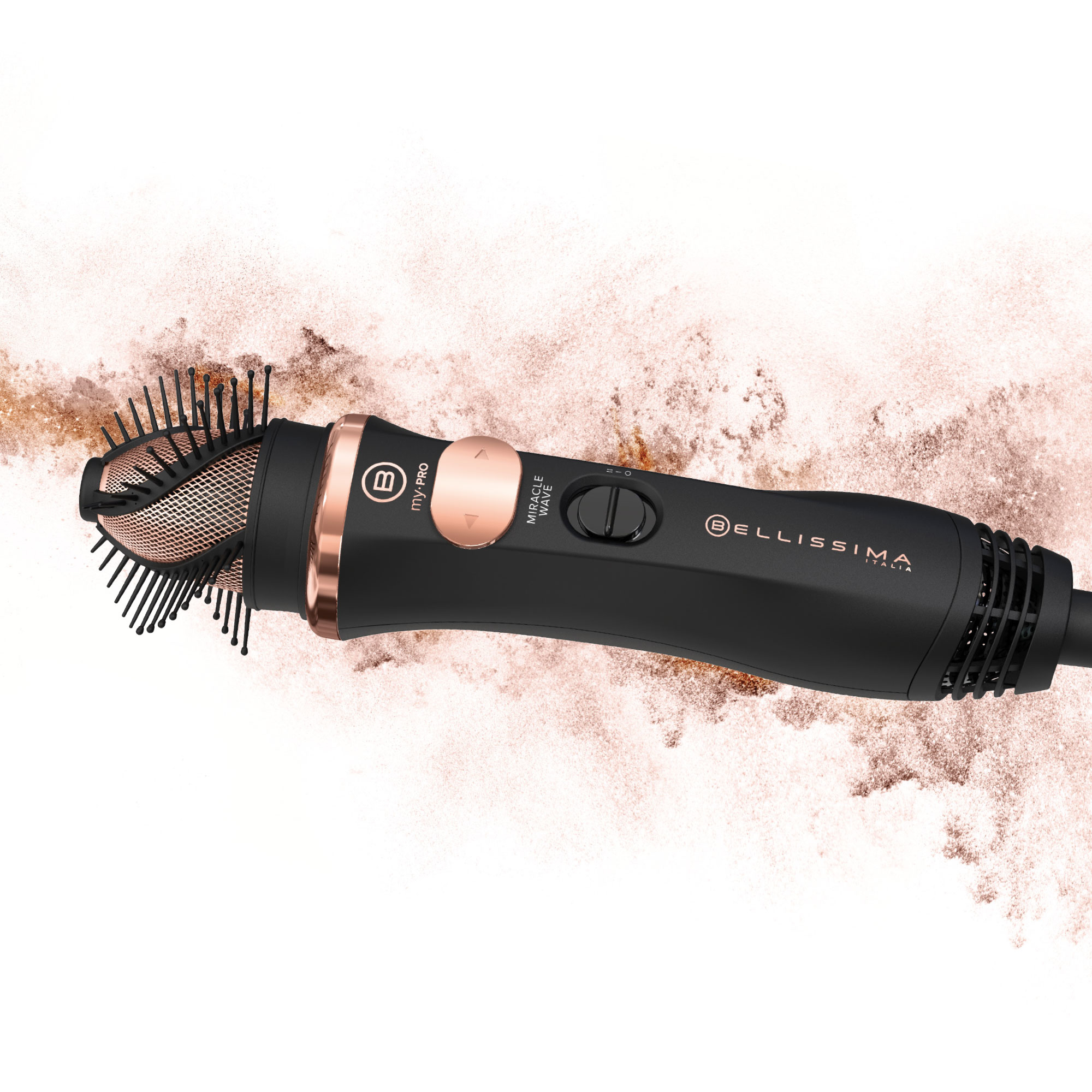 Schwarzer und roségoldener Haarstyler. Der Styler ist abgewinkelt, mit rosa Puderhintergrund.