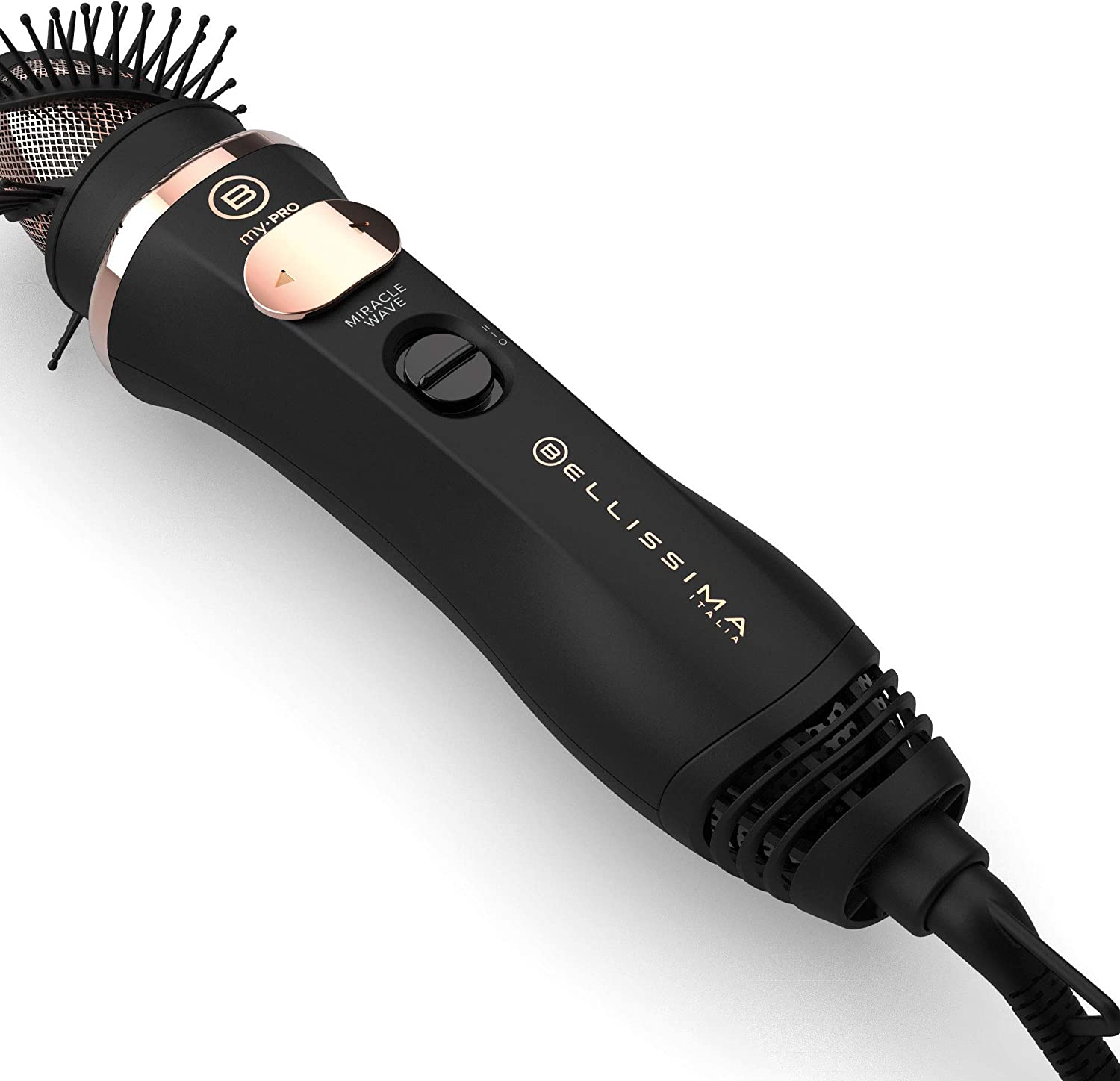 Schwarzer und roségoldener Haarstyler. Der Styler ist abgewinkelt. Die Bürstenseite zeigt zum Betrachter.