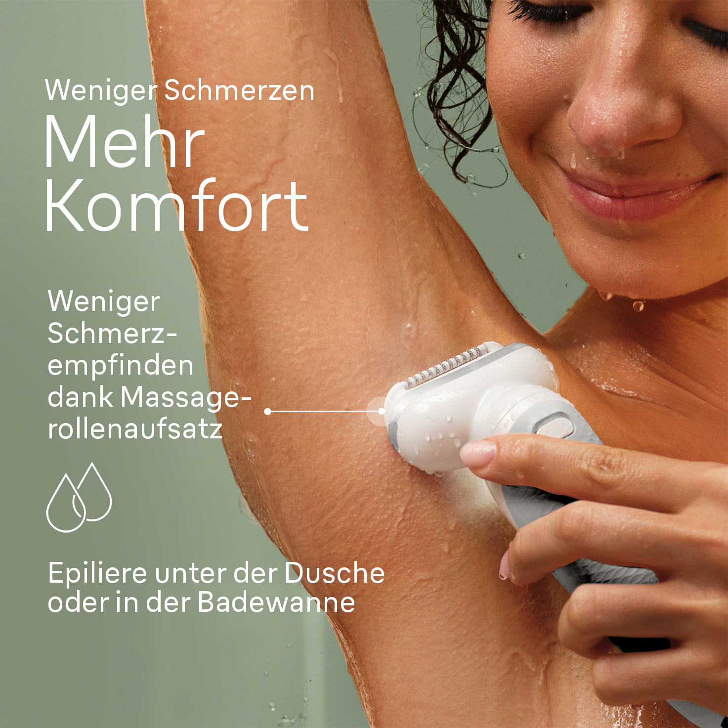 Kobieta goli pachy golarką elektryczną. Tekst jest po niemiecku o komforcie i mniejszym bólu.