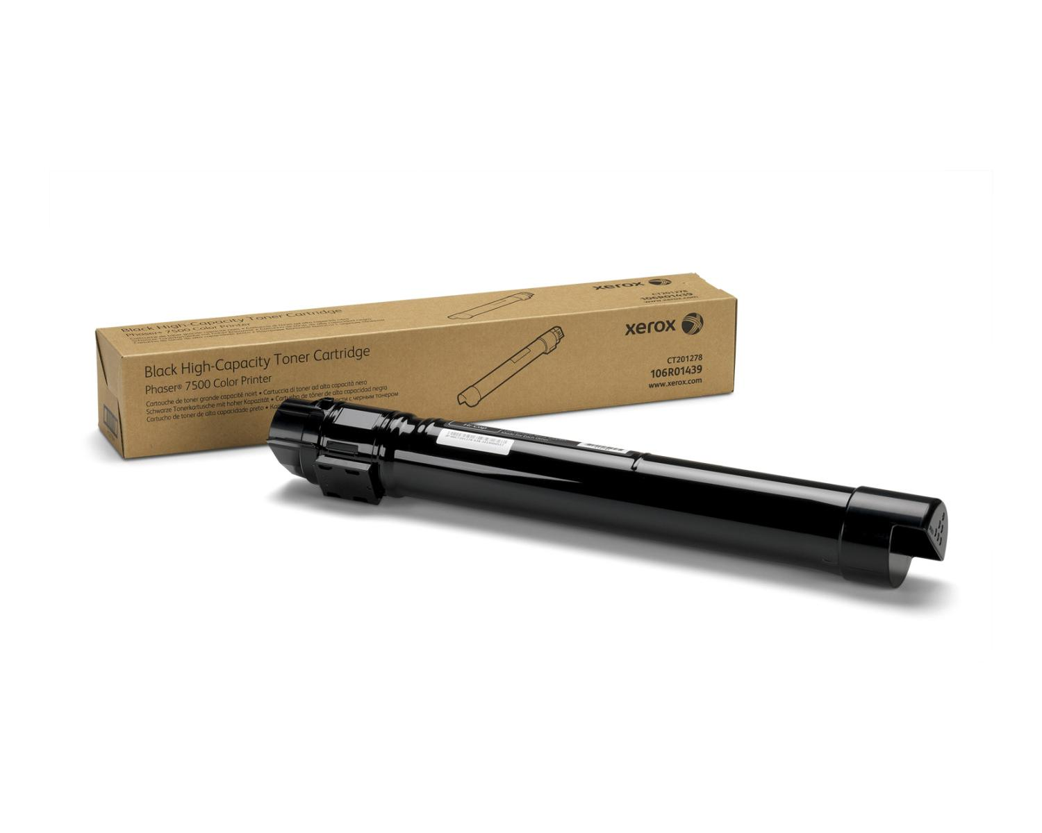 Schwarze Xerox-Tonerpatrone mit hoher Kapazität in ihrer Verpackung. Die Patrone ist zylindrisch.