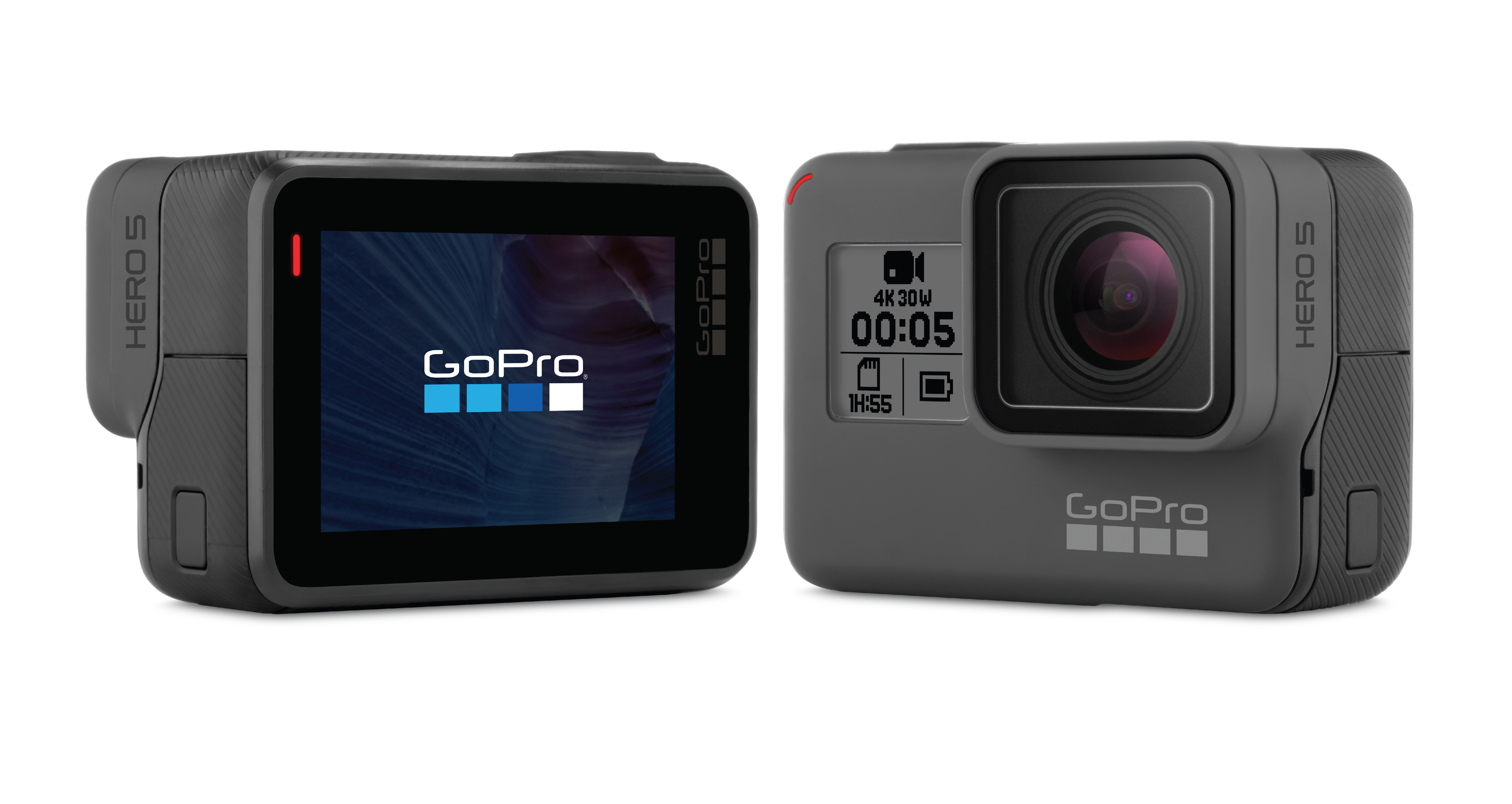 Zwei GoPro-Kameras; eine ist geöffnet und zeigt das GoPro-Logo, die andere den Bildschirm.