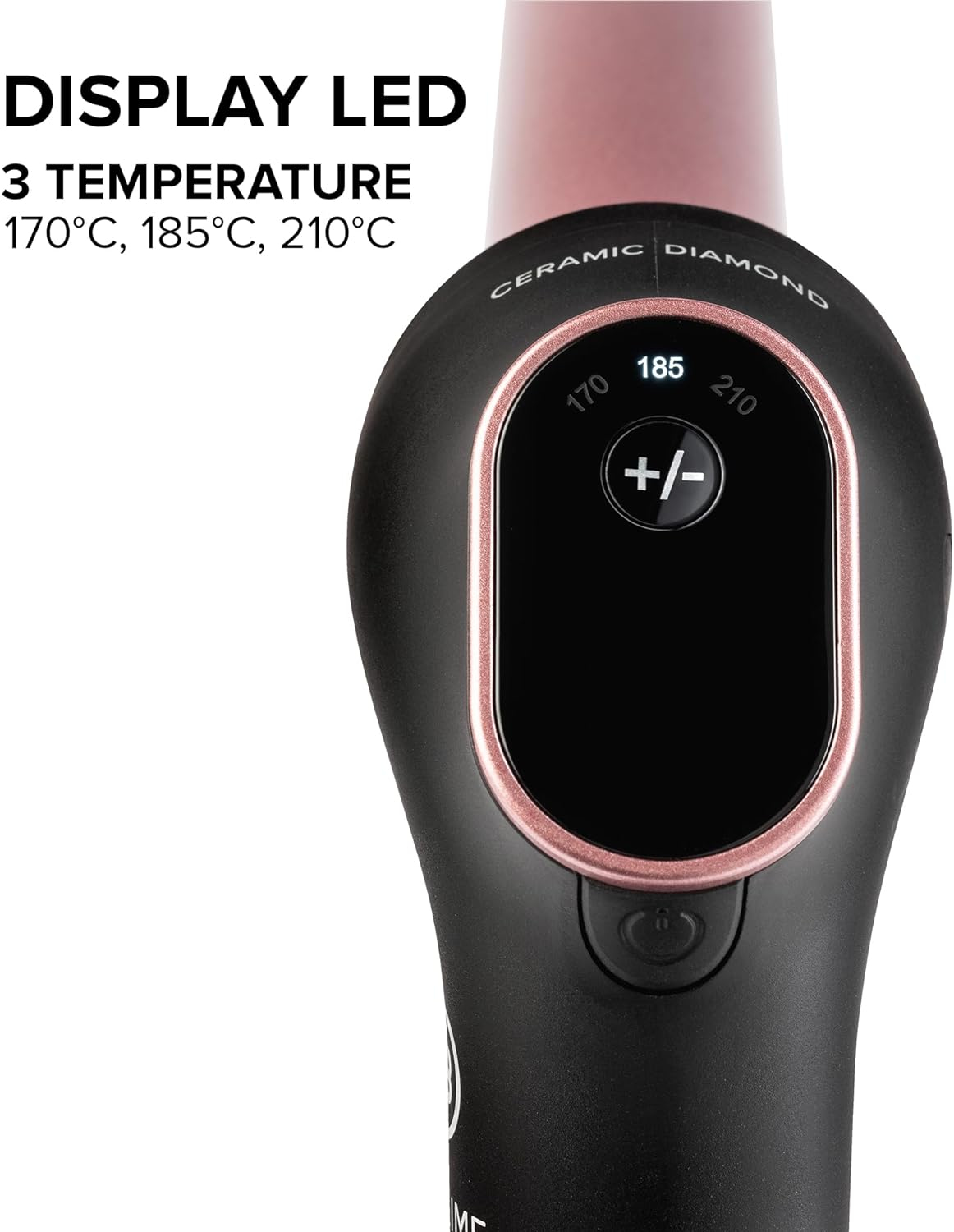Nahaufnahme eines schwarzen und roségoldenen Lockenstabs mit Digitalanzeige für Temperaturen.