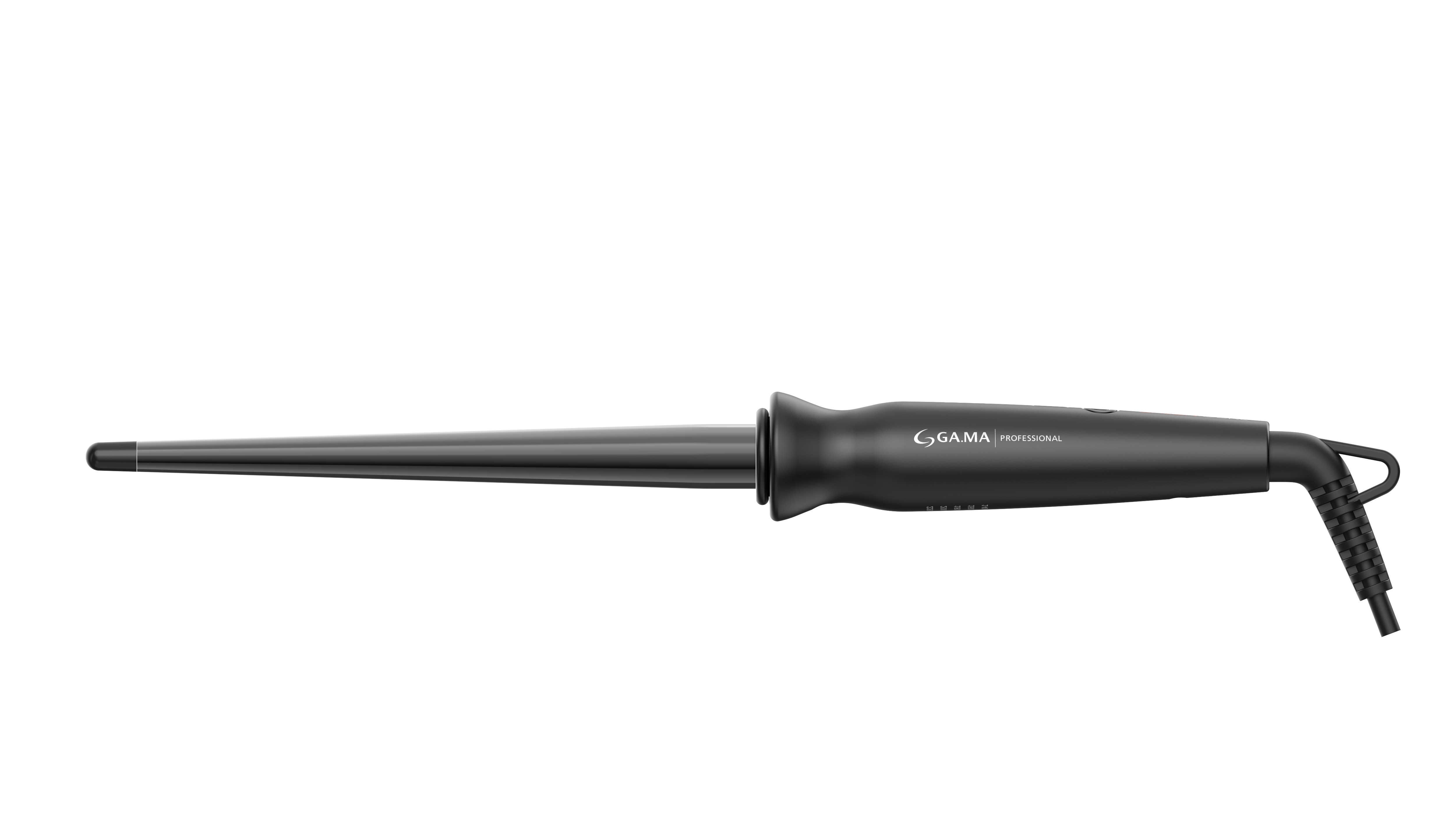Un arricciacapelli nero con canna a forma di cono, su sfondo bianco.