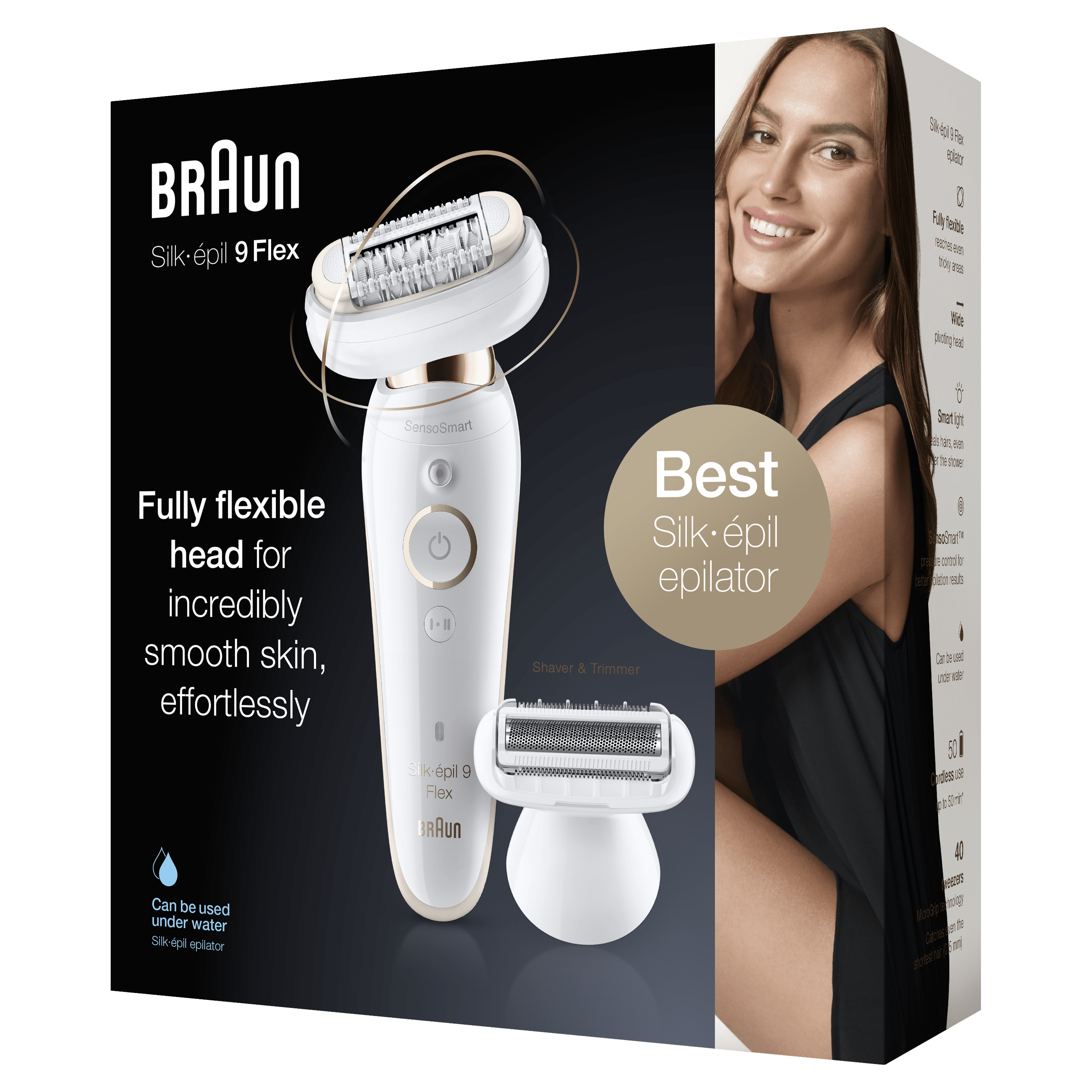 Depilator Braun Silk-épil 9 Flex, biały ze złotymi akcentami, wyświetlany z opakowaniem i kobietą.
