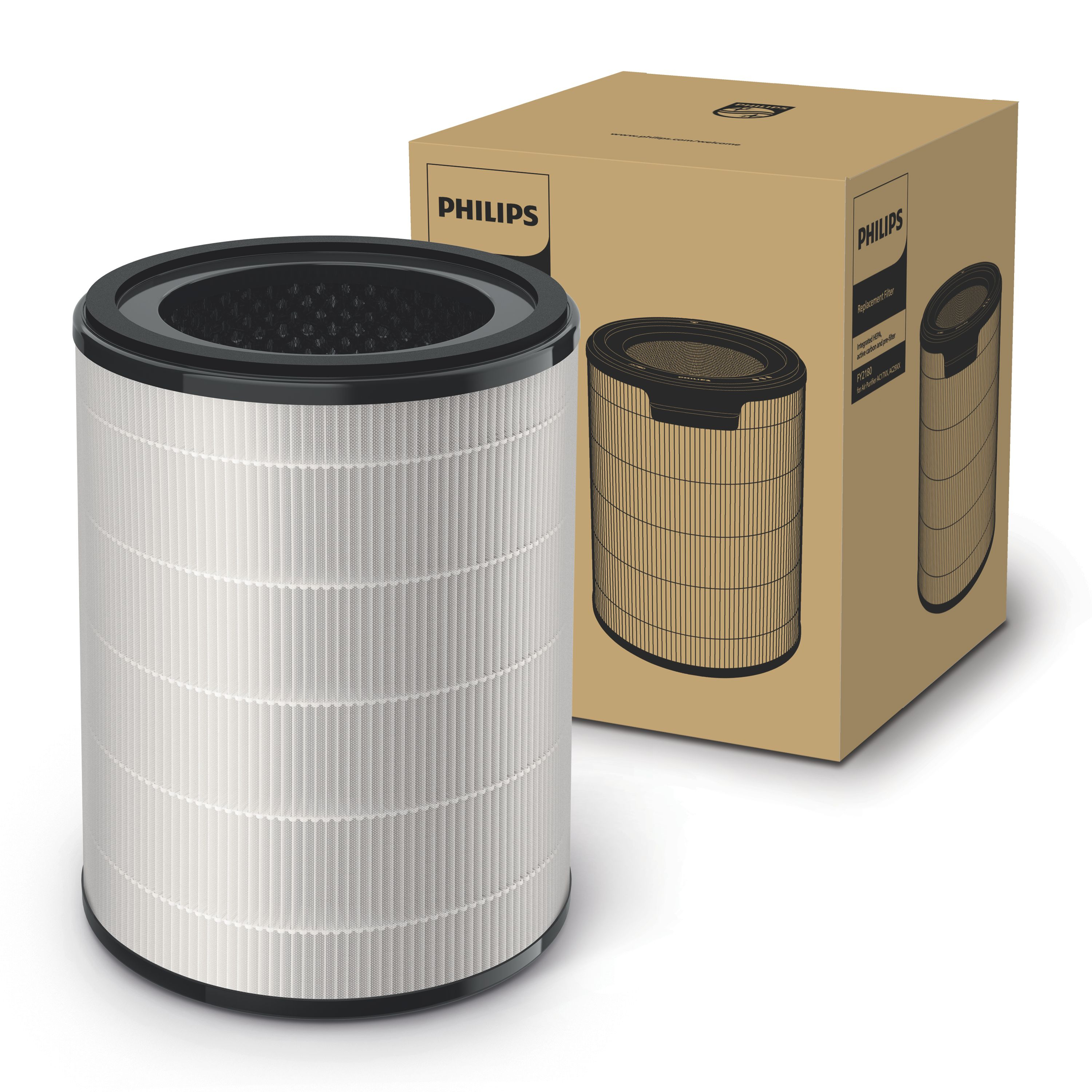 Un filtro y su caja con el logo de Philips, sobre un fondo blanco.