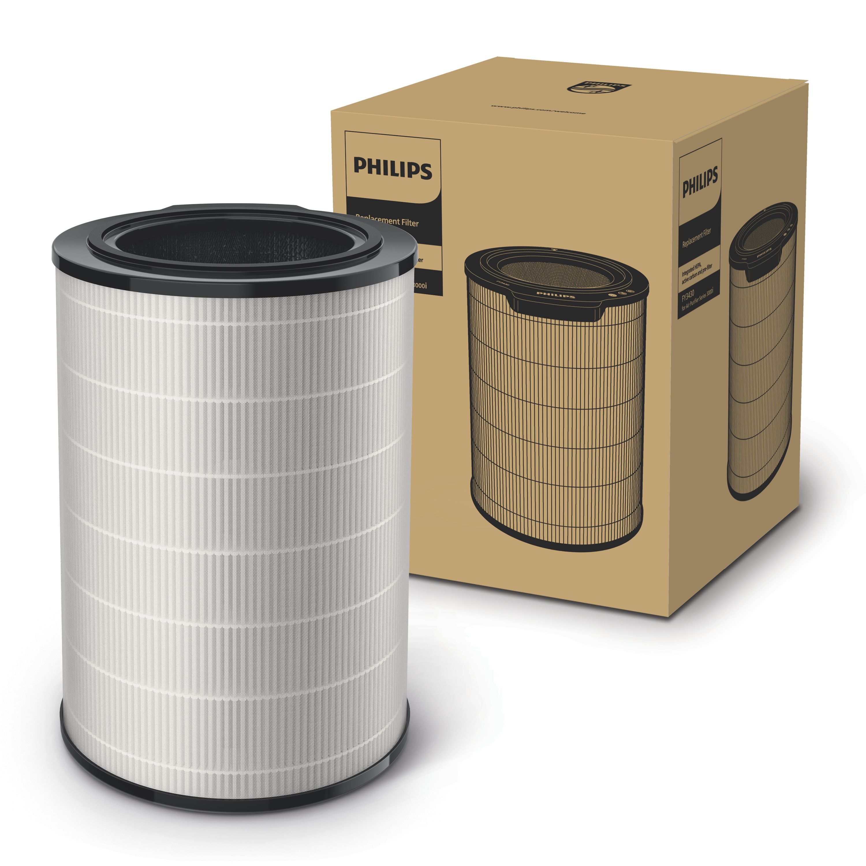 Un filtro e la sua scatola con il logo Philips. Sfondo bianco.