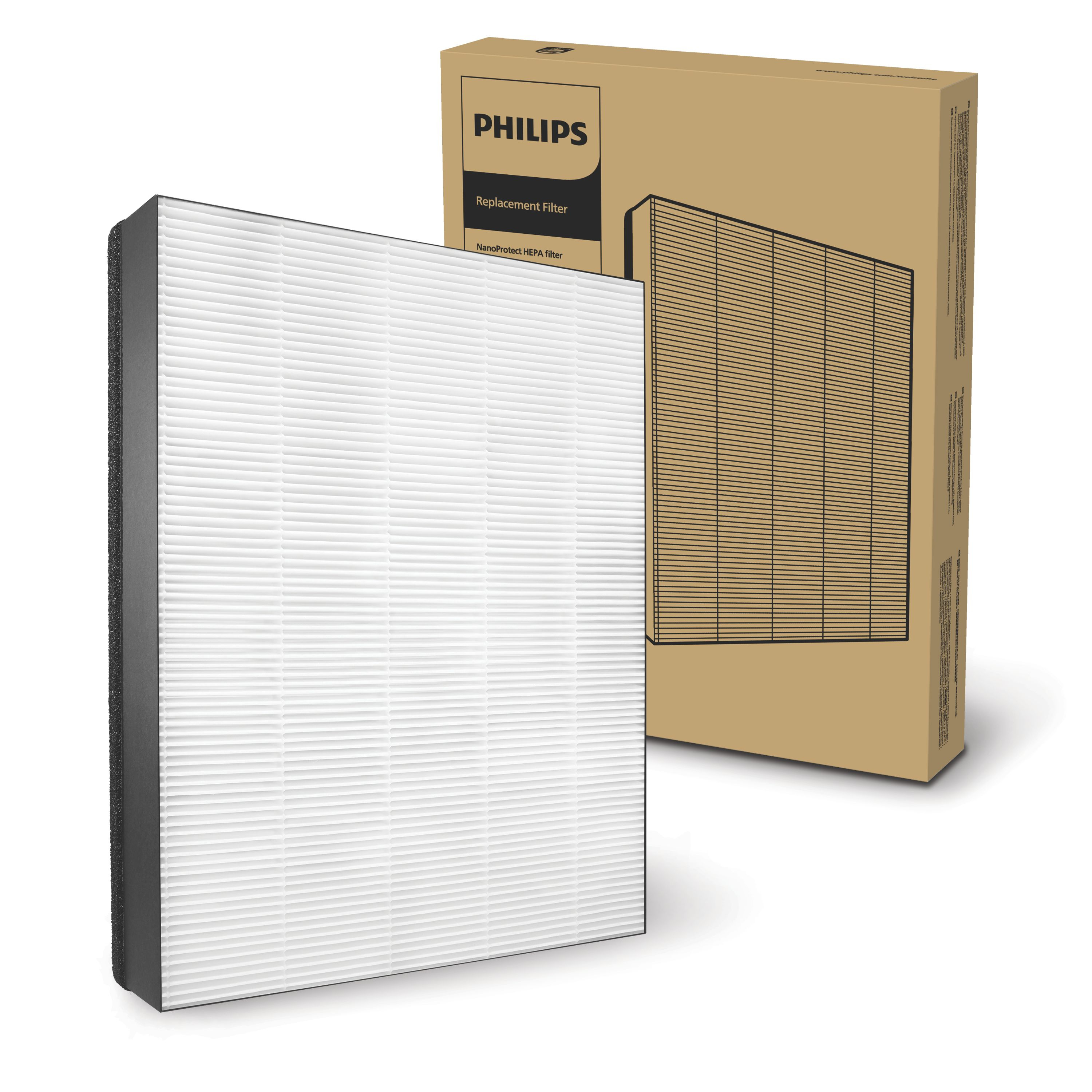Un filtro de repuesto en su caja, con el logo de Philips. Fondo blanco.