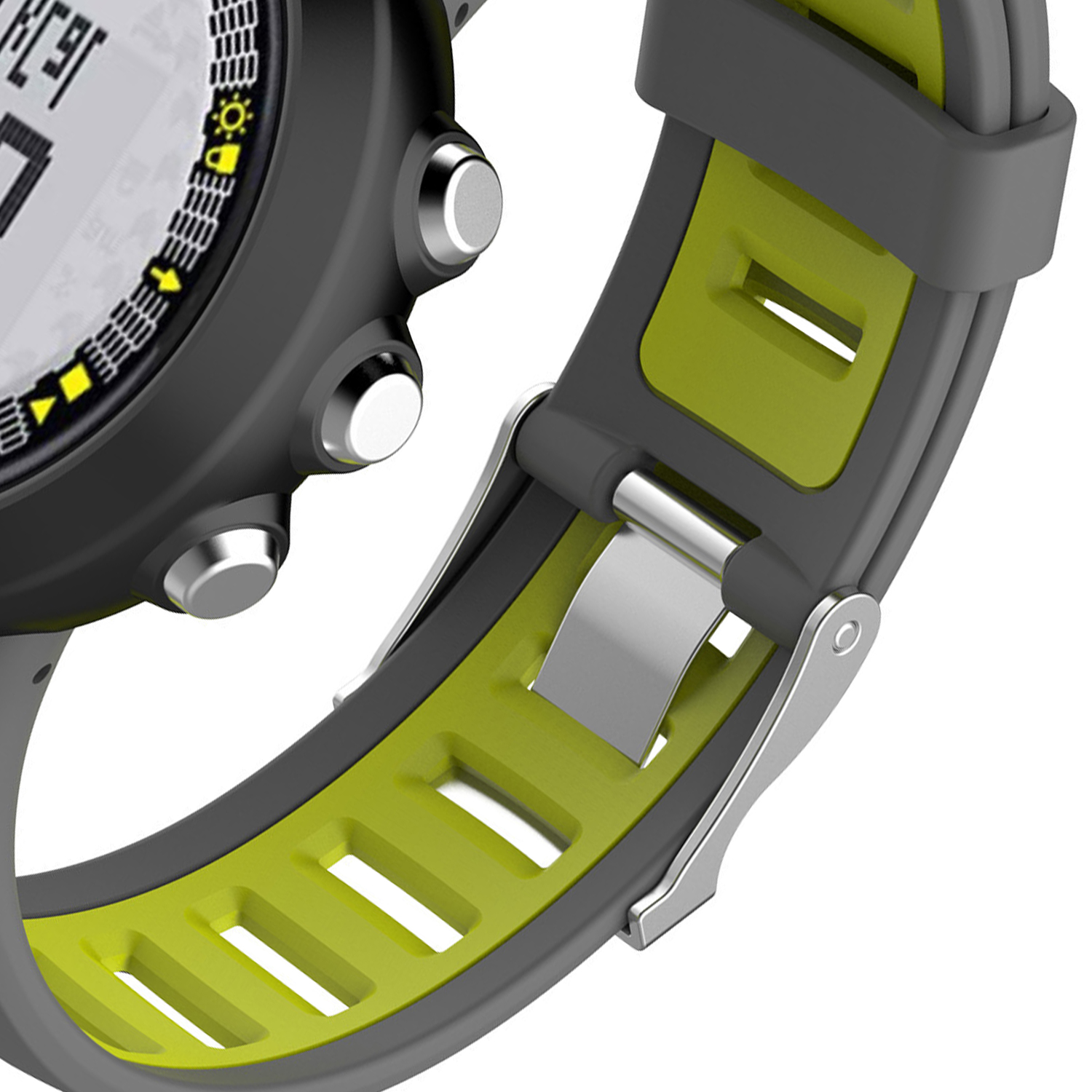 Zbliżenie paska do smartwatcha w kolorach zielonym i szarym.