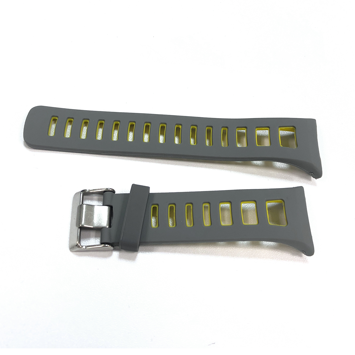 Dwa elementy szarego paska do zegarka z żółtymi akcentami i sprzączką.