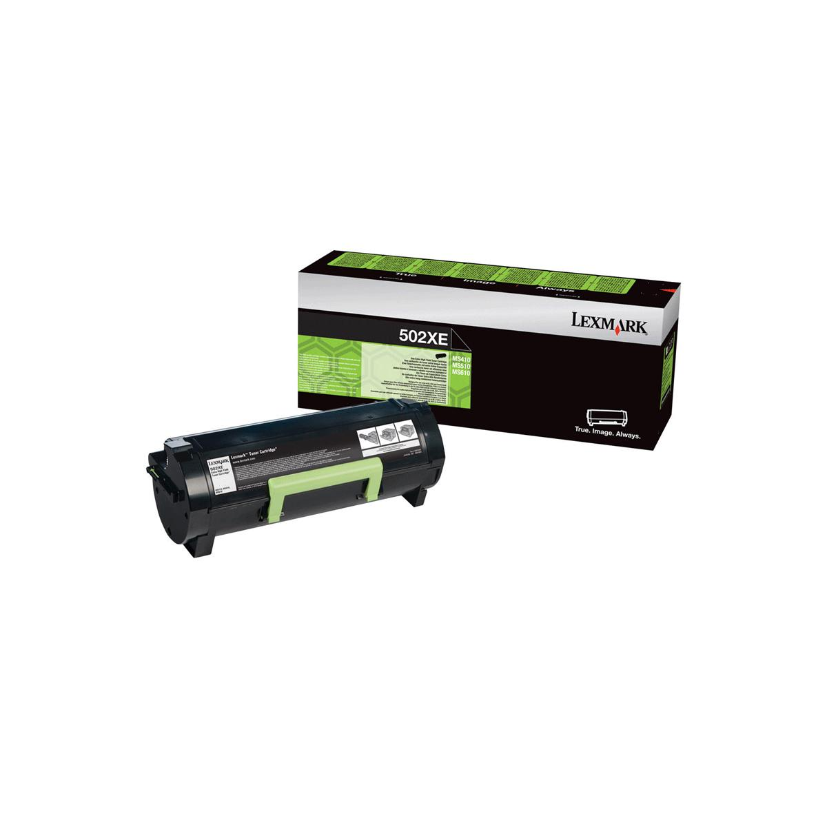 Une cartouche de toner Lexmark noire et verte et sa boîte.
