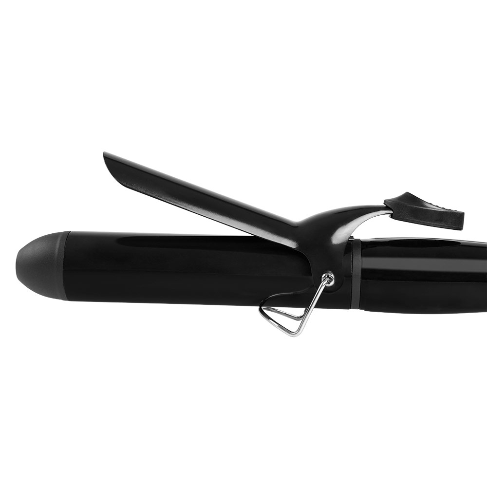 Czarna lokówka z rączką i zaciskiem.