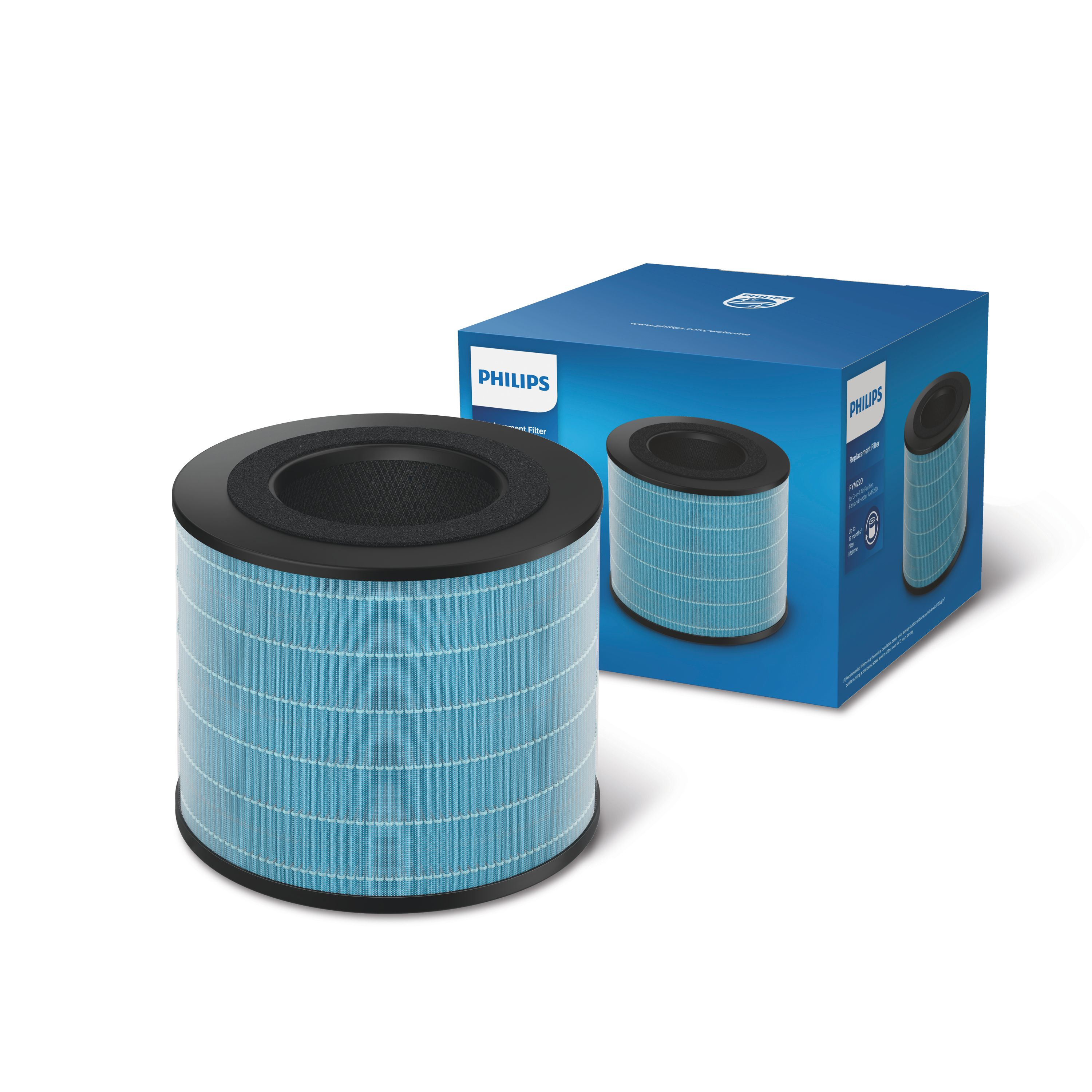 Luftfilter und Karton. Der Filter ist zylindrisch und hat ein blaues und weißes Design.