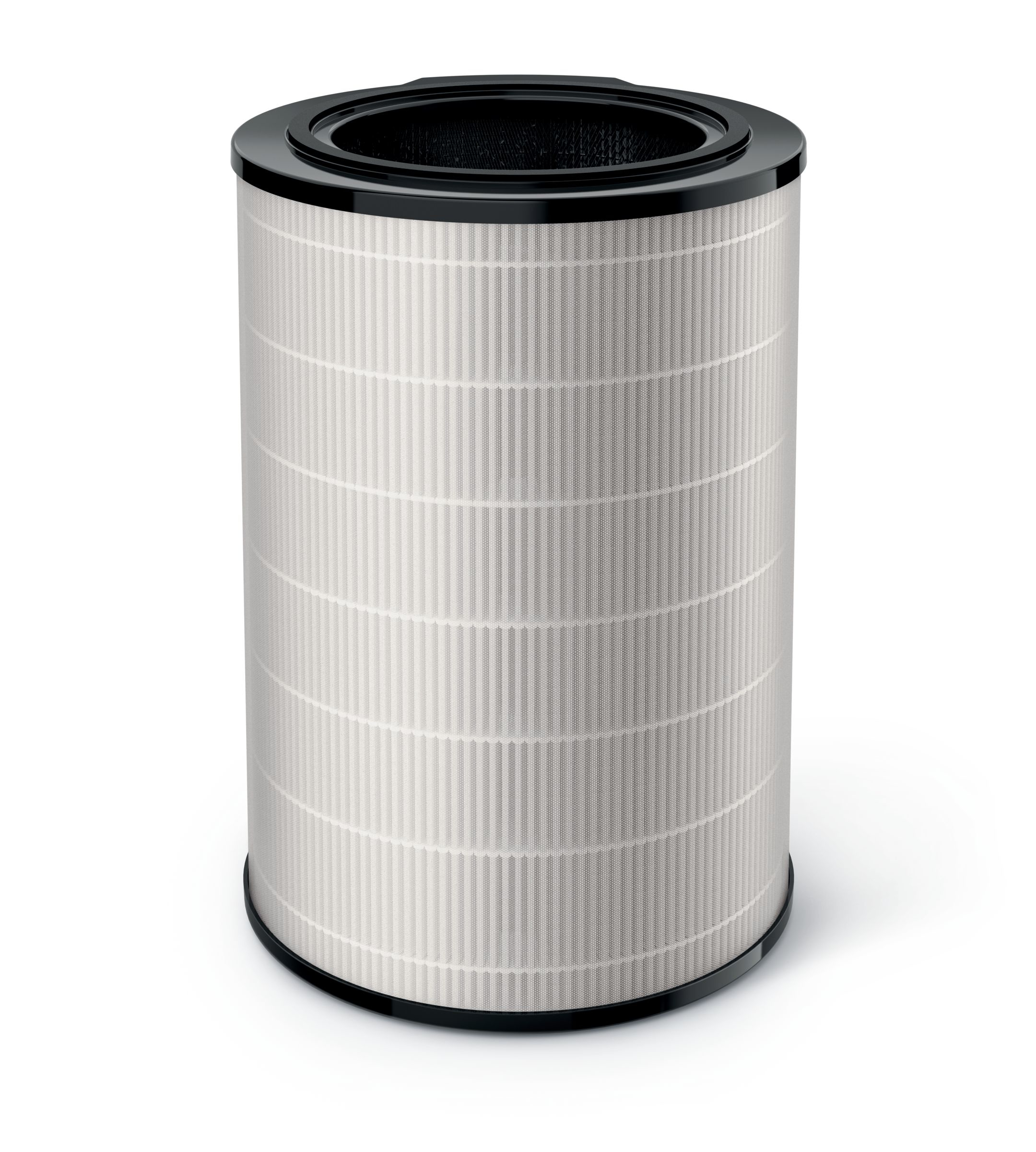 Filtro dell'aria cilindrico con parte superiore e inferiore nere. Il filtro è bianco con linee verticali.