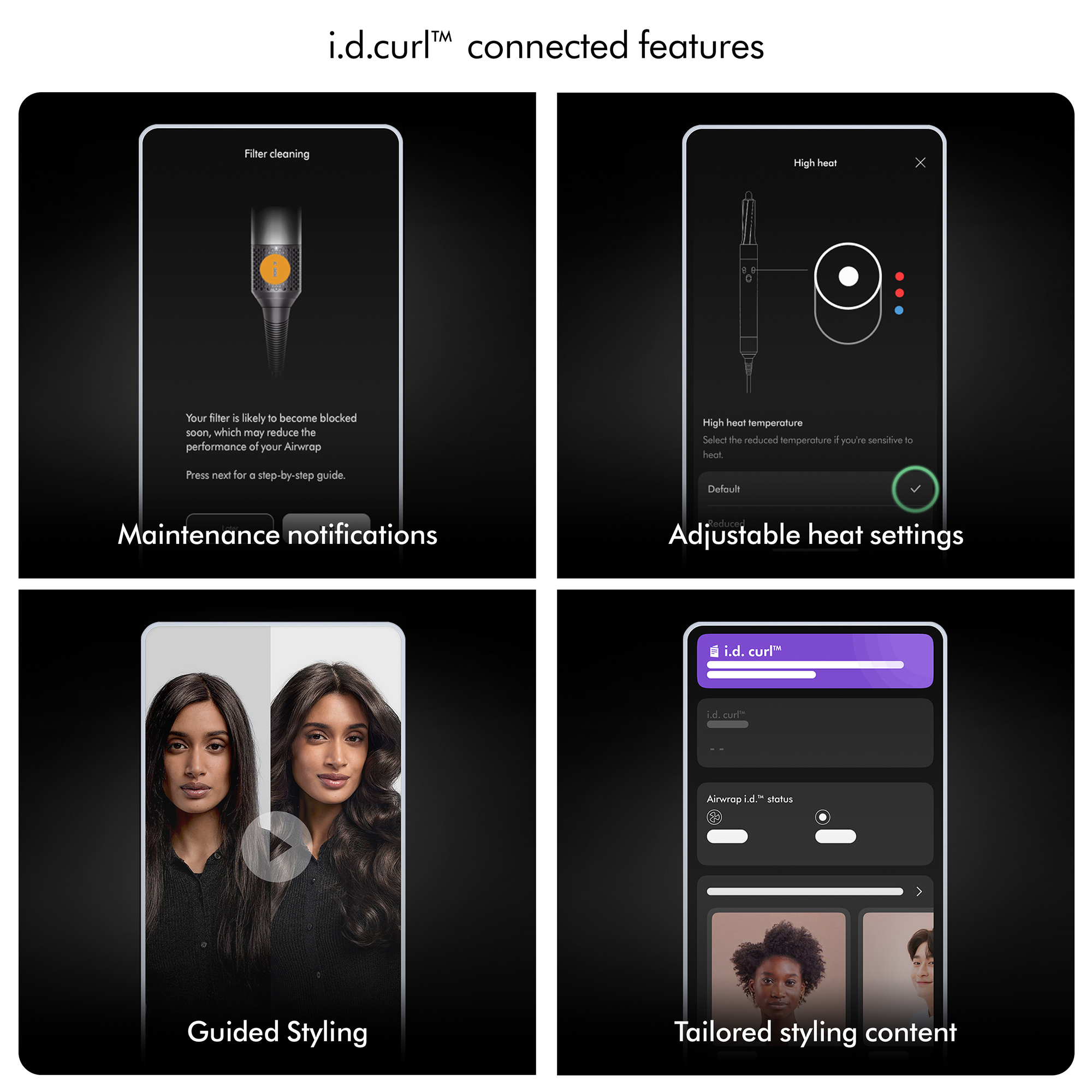 Cztery panele pokazujące połączone funkcje i.d.curl. Zawiera powiadomienia o konserwacji i zawartość stylizacji.