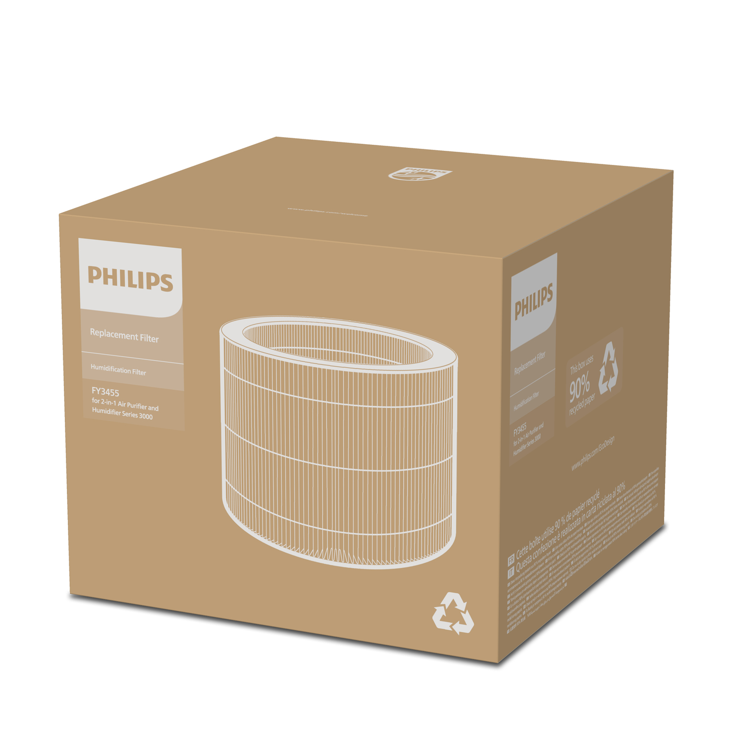 Scatola Philips in cartone con immagine del filtro. La scatola è su una superficie bianca.