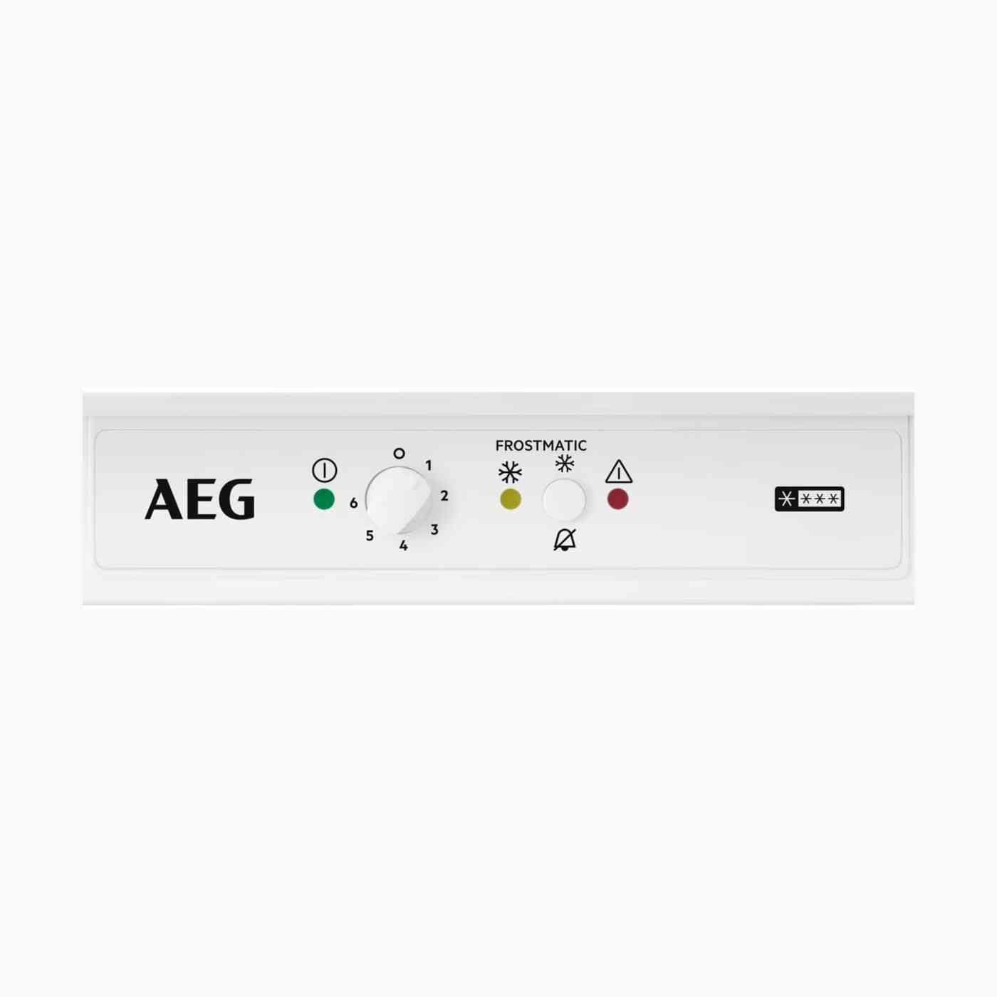 Biały panel sterowania z logo AEG, pokrętłem i kontrolkami.