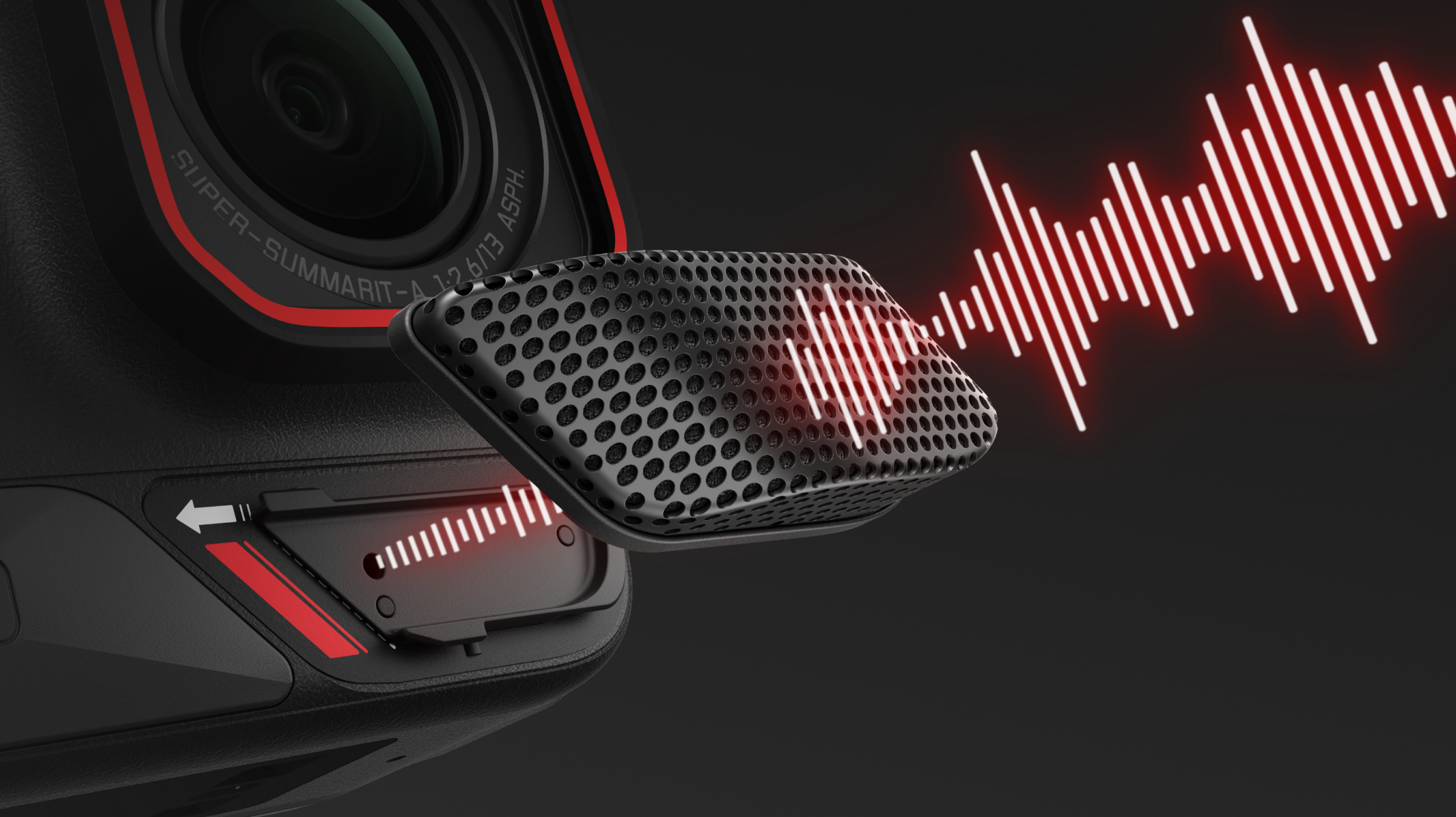 Czarna kamera z otwartym mikrofonem i grafiką fali dźwiękowej. Fala dźwiękowa jest czerwona.