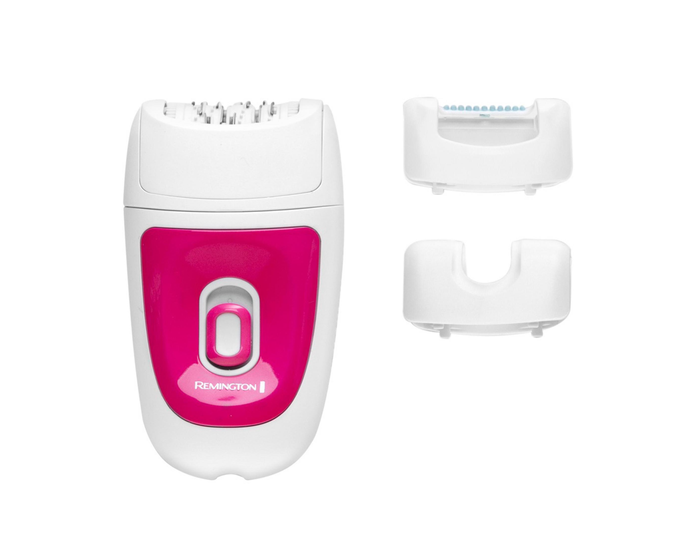 İki eklentili beyaz ve pembe Remington epilatör.