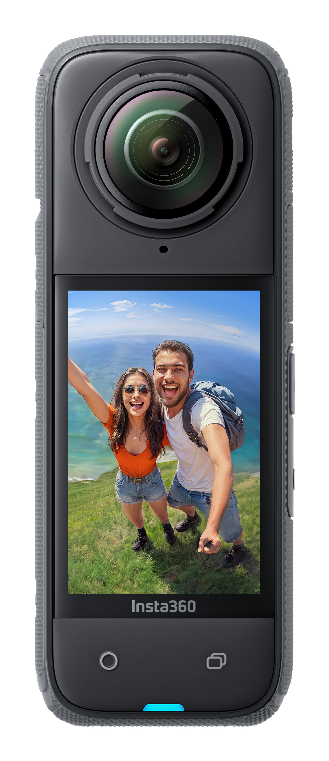 Schwarze Insta360-Kamera mit Bildschirm, der ein Paar auf einem Berg zeigt. Himmel ist der Hintergrund.