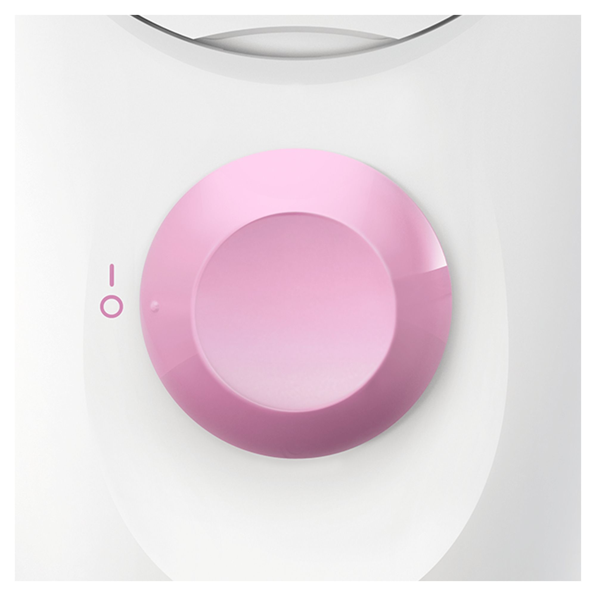 Zbliżenie różowego przycisku na białym depilatorze. Jest pokrętło do ustawień.