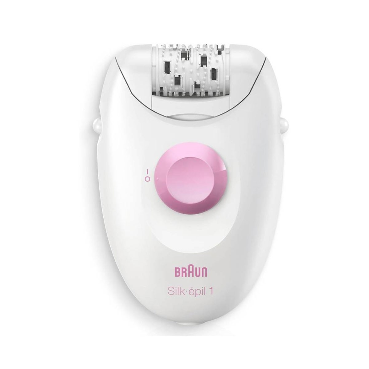 Biały i różowy depilator. Górna część służy do depilacji, dolna ma różowy przycisk.