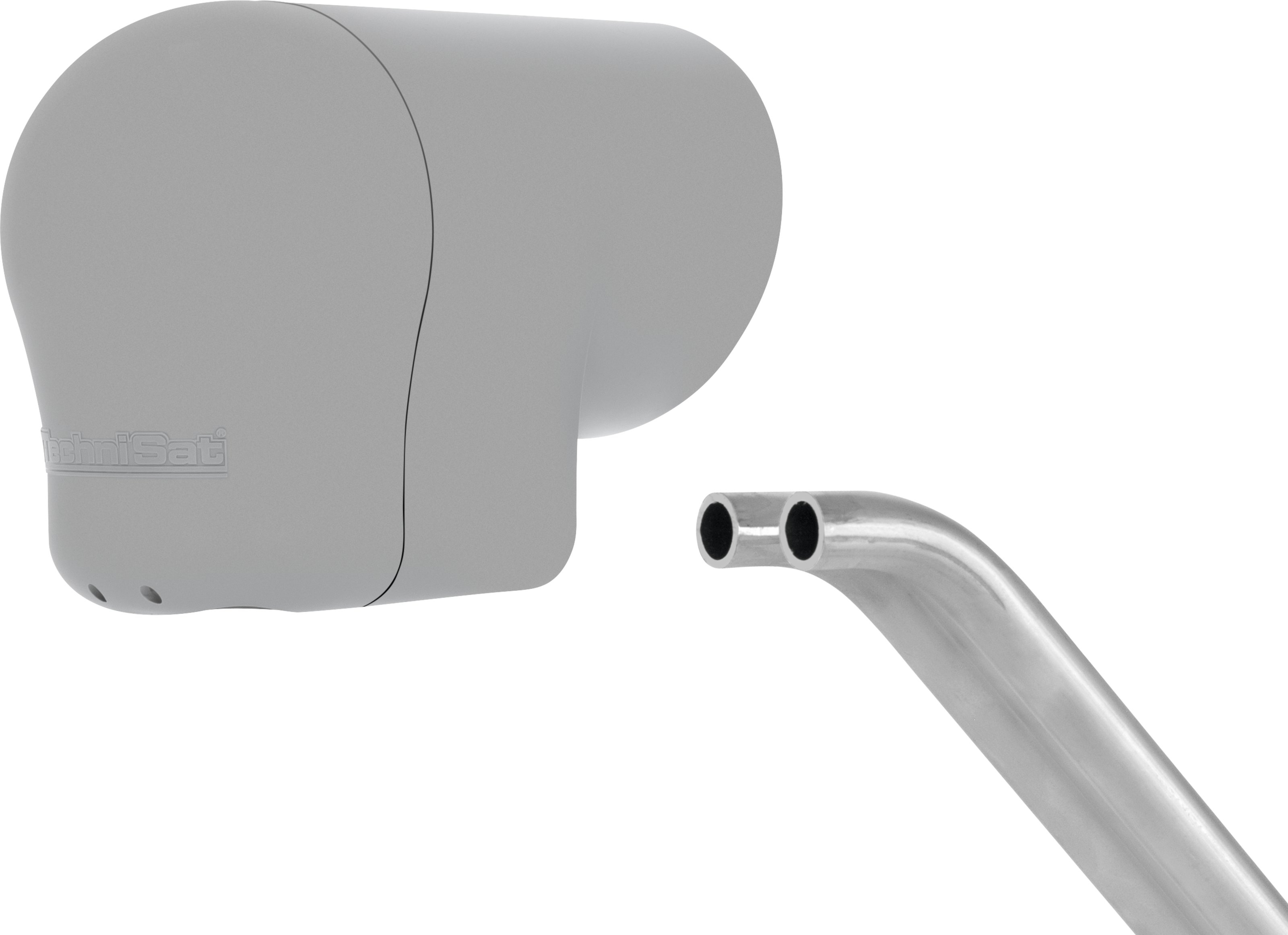 Szara antena satelitarna z dołączoną srebrną metalową rurką. Białe tło.