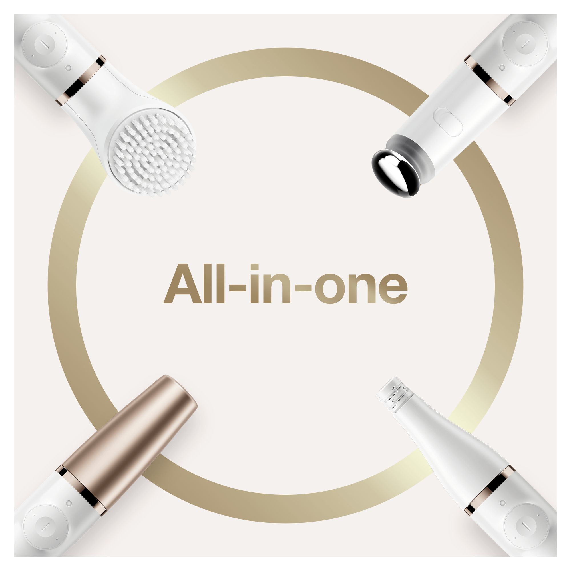 Eine Draufsicht auf vier Braun FaceSpa Pro Geräte. Weißes und goldenes Thema. Weißer Hintergrund.