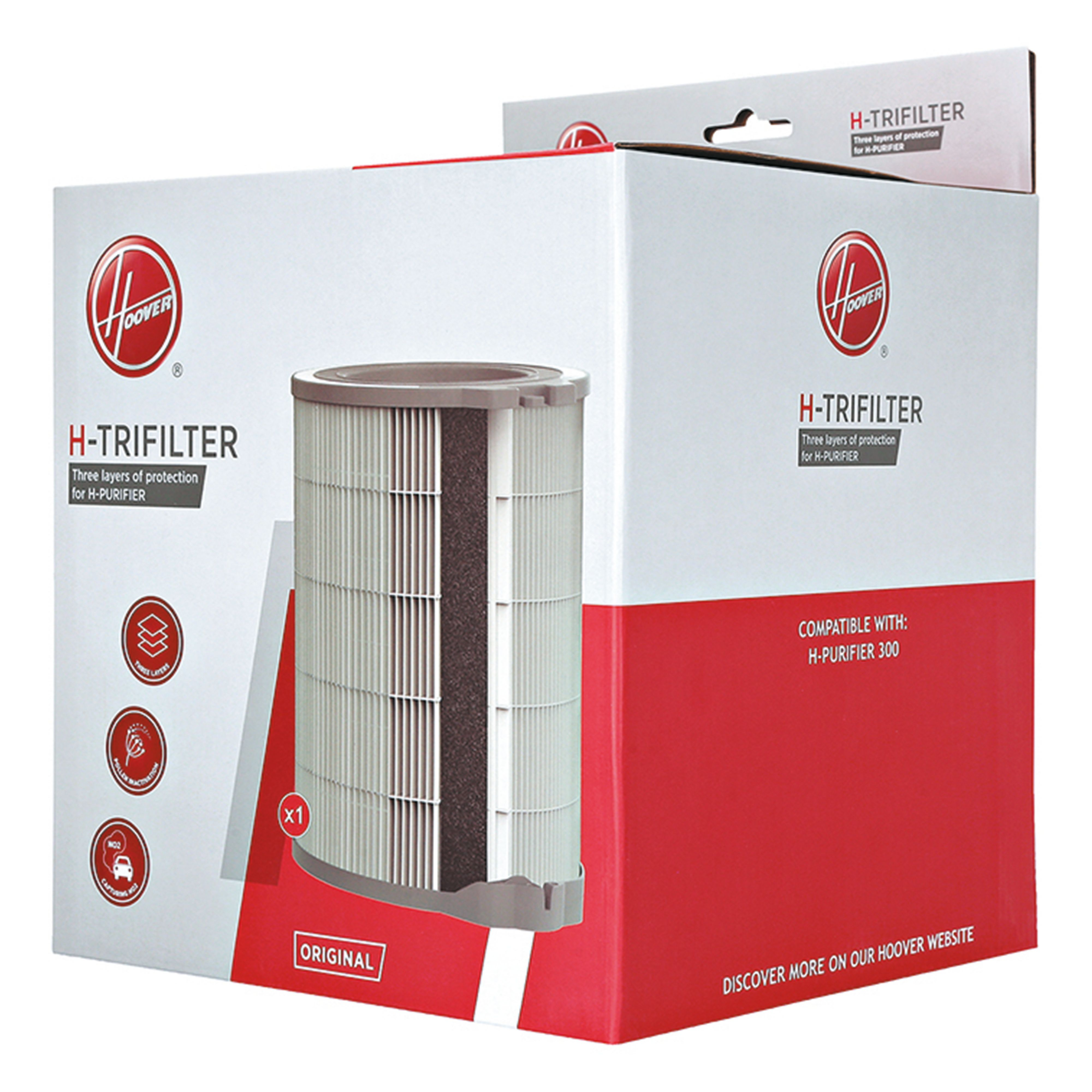 Scatola filtro Hoover con dettagli, colori bianco e rosso.