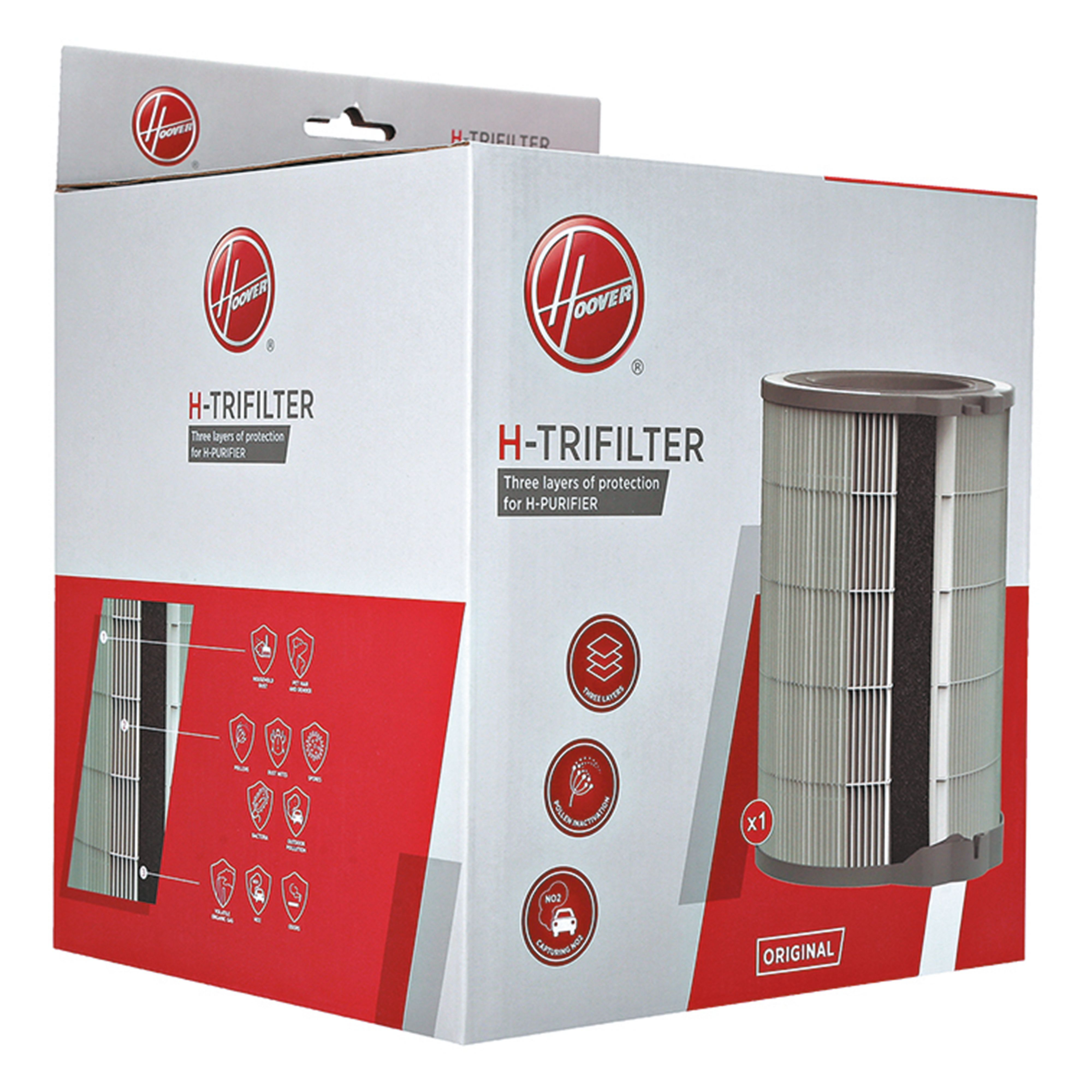Scatola filtro Hoover con dettagli, colori bianco e rosso.
