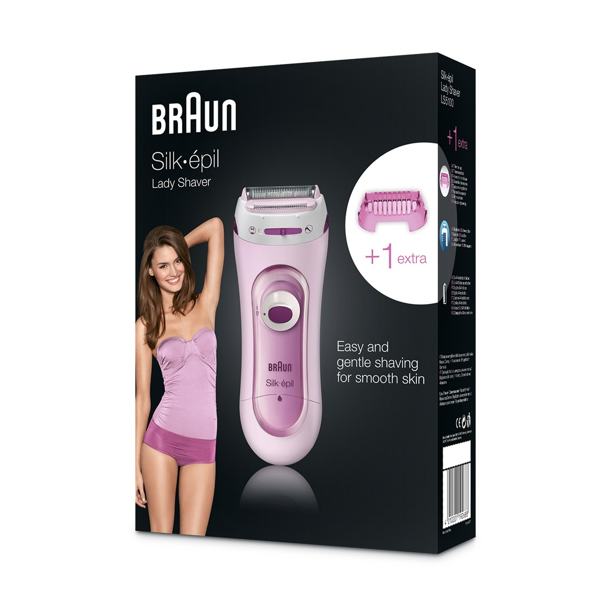 Pudełko Braun Silk-épil Lady Shaver ze zdjęciem kobiety i produktem.