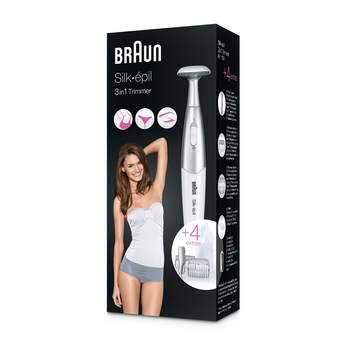 Pudełko Braun Silk-épil 3w1 Trimmer z modelką w białym topie i szarych szortach.