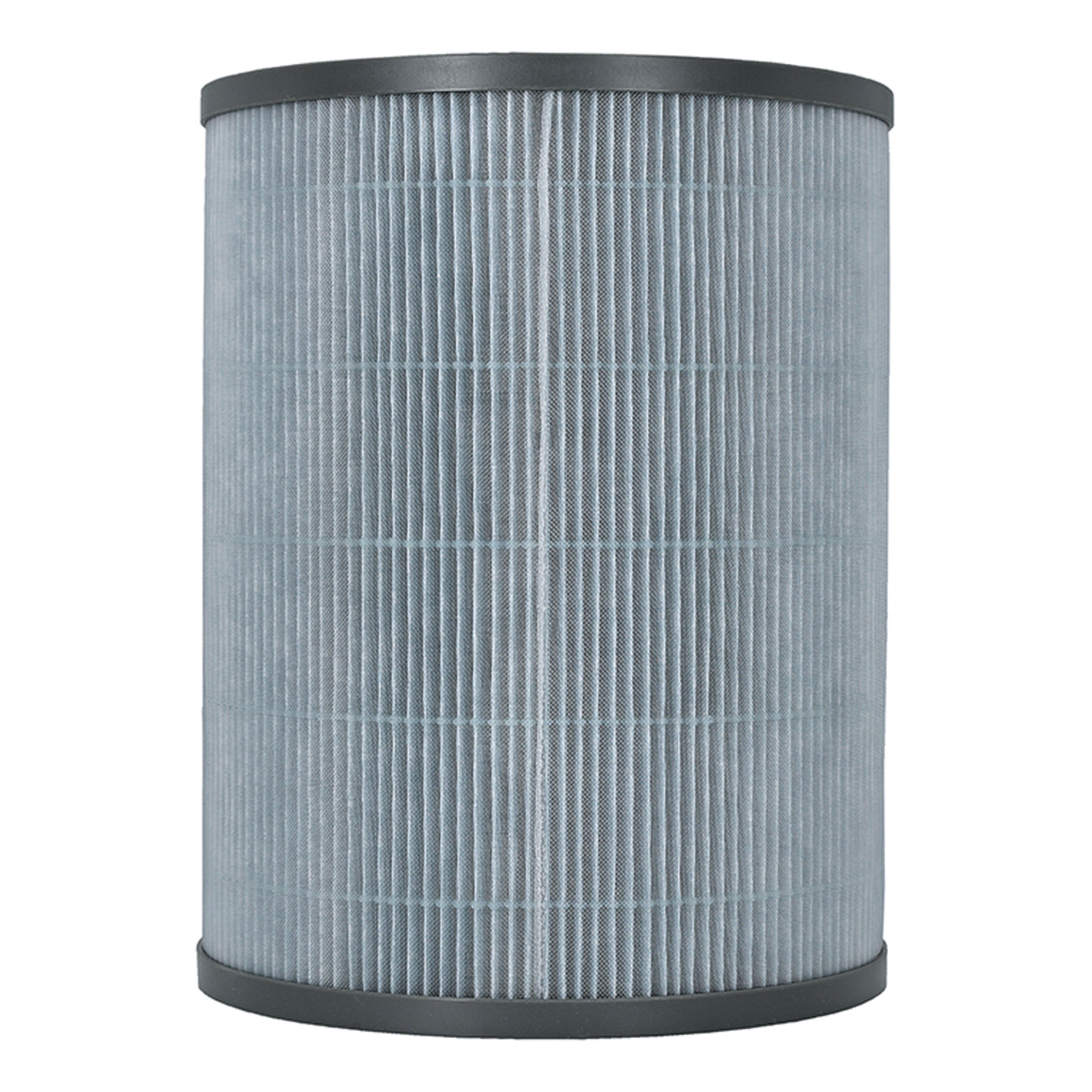 Cylindryczny filtr powietrza z szarym wzorem siatki i ciemnoszarymi obwódkami.