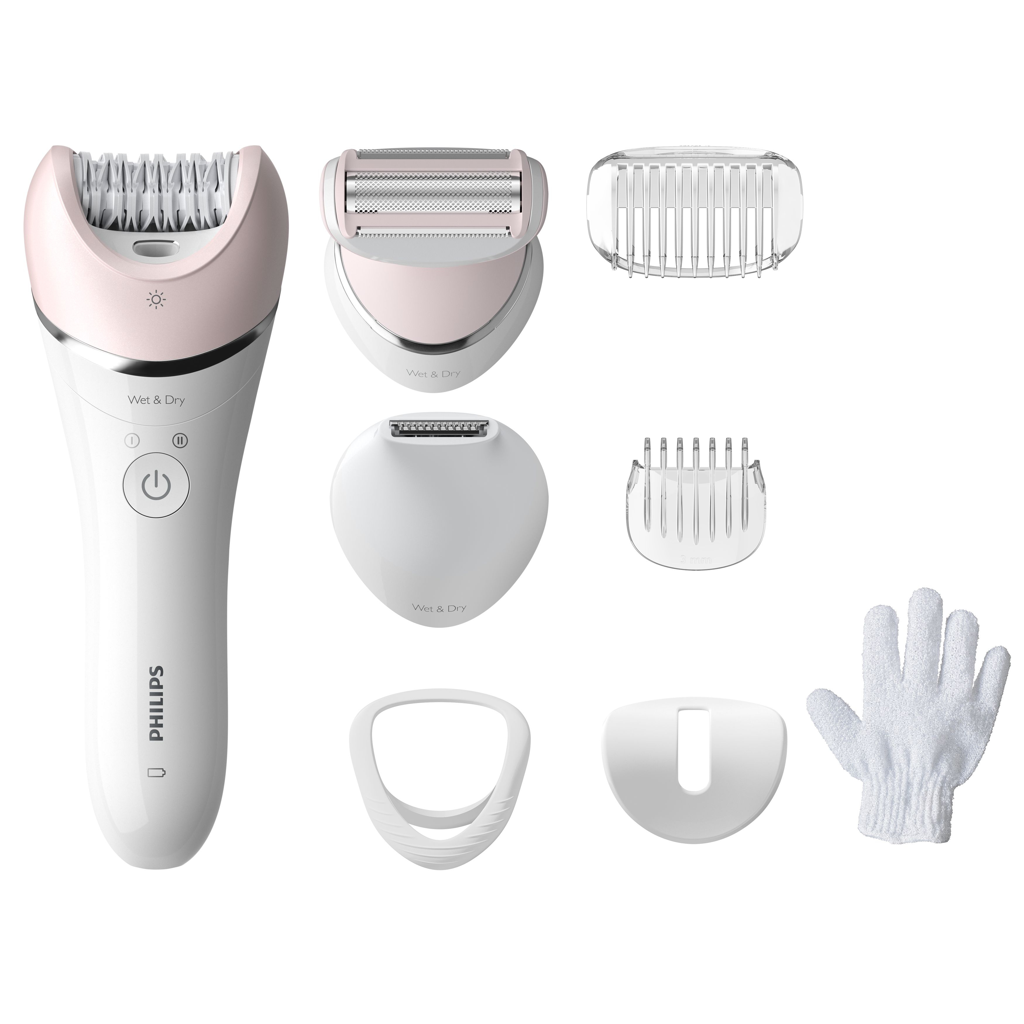Depiladora Philips blanca y rosa y accesorios. Incluye cabezales, protectores y guante blanco.