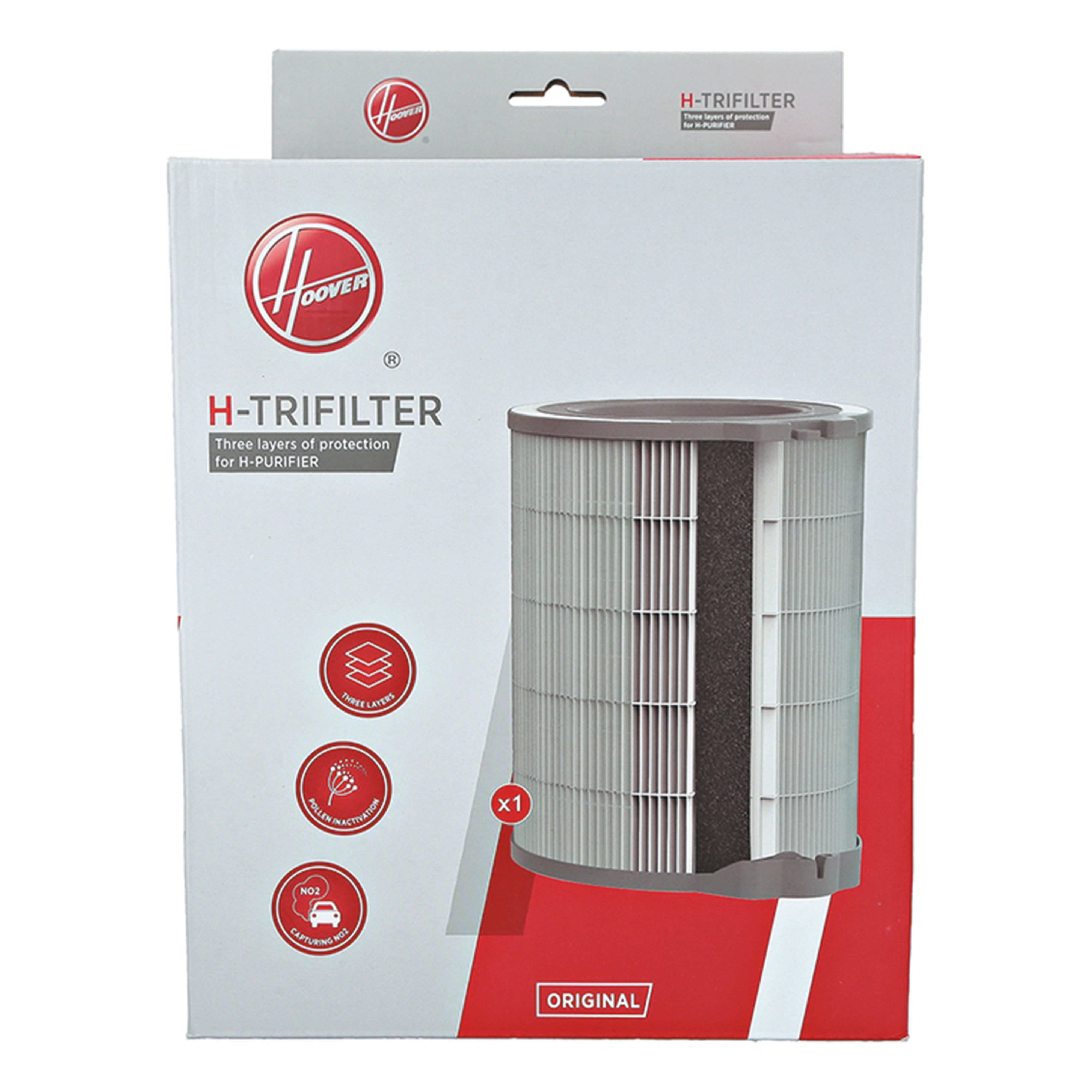 Pudełko filtra Hoover ze szczegółami, kolory biały i czerwony.