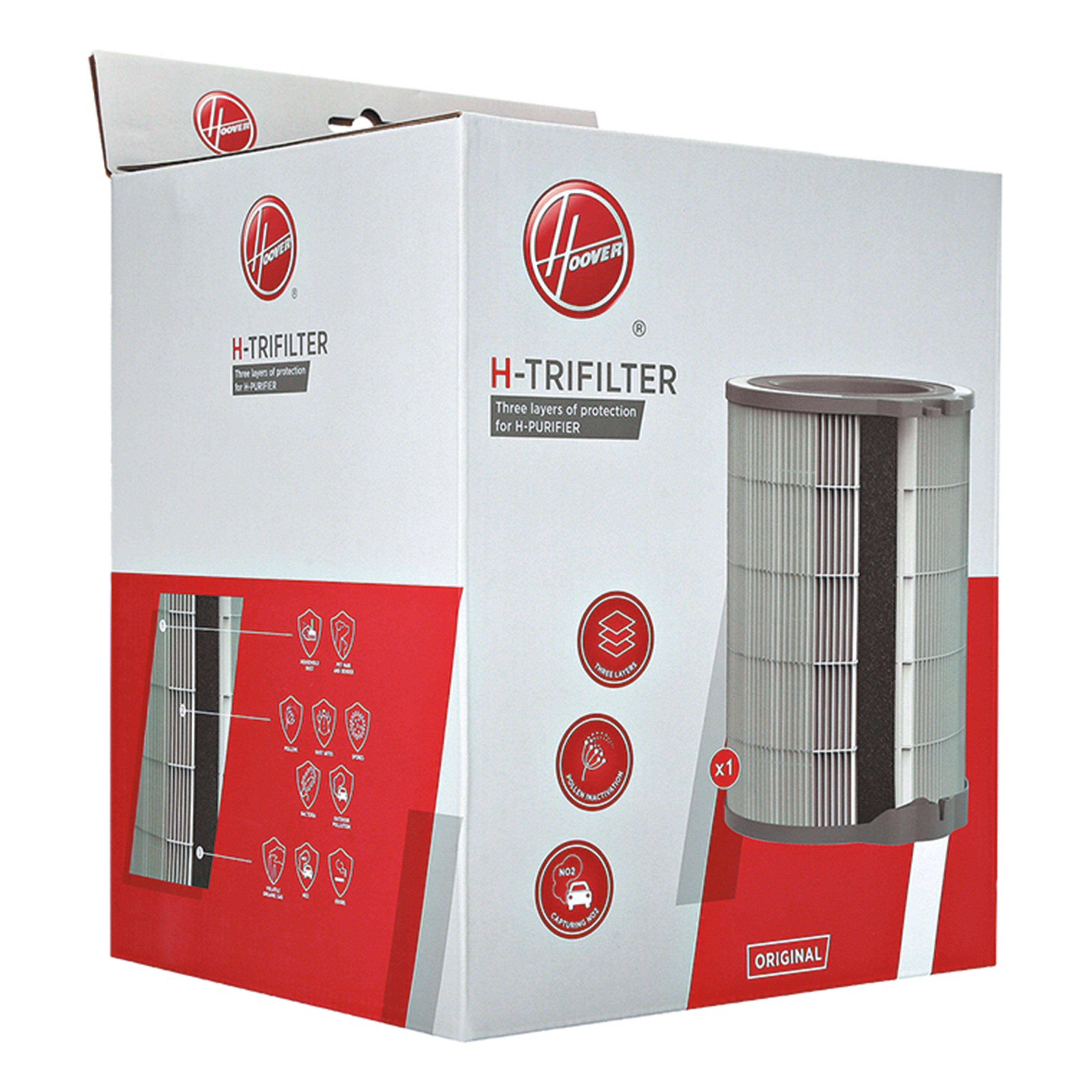 Pudełko Hoover H-trifilter z wyświetlonym filtrem, pokazujące warstwy ochronne i ikony.