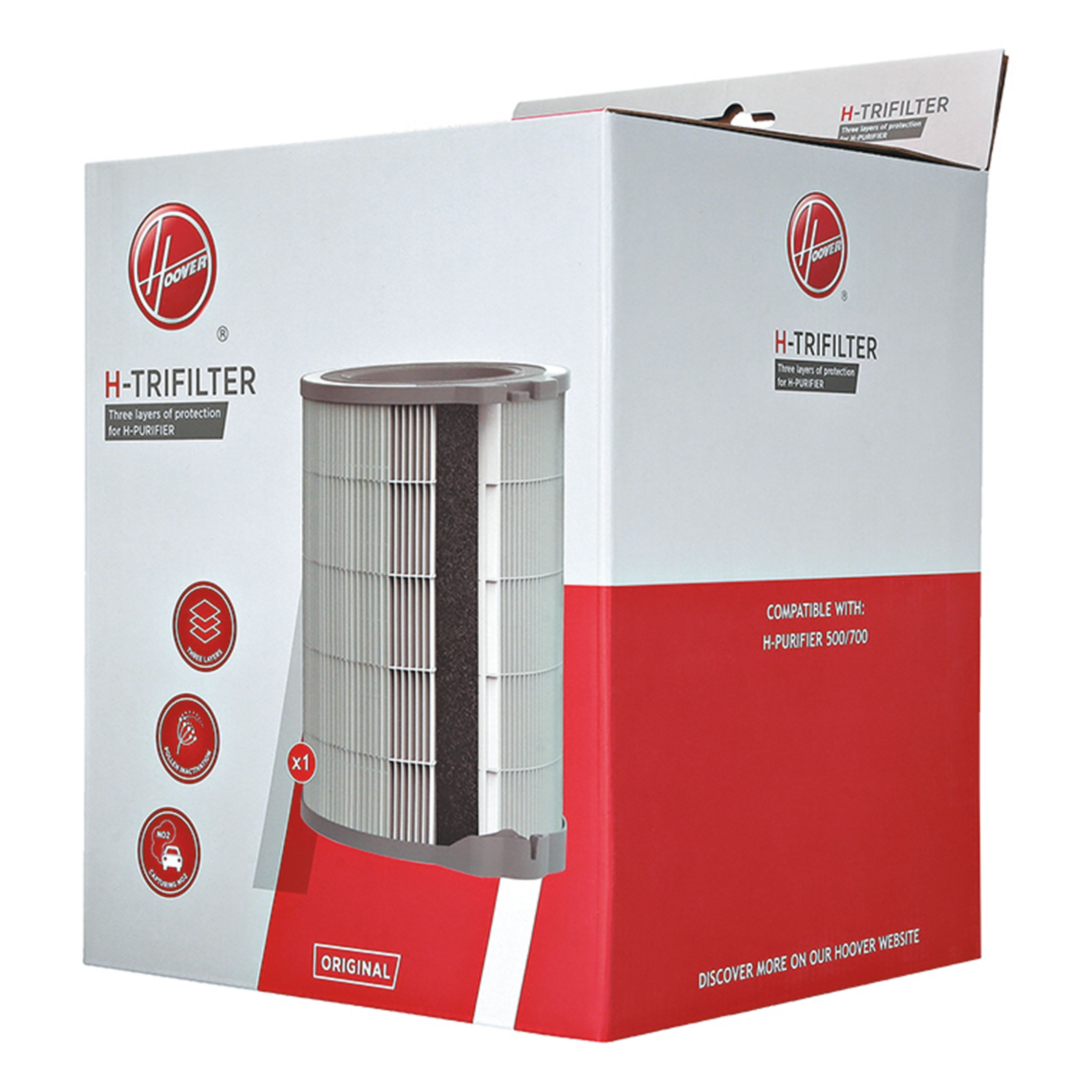 Pudełko filtra Hoover ze szczegółami, kolory biały i czerwony.