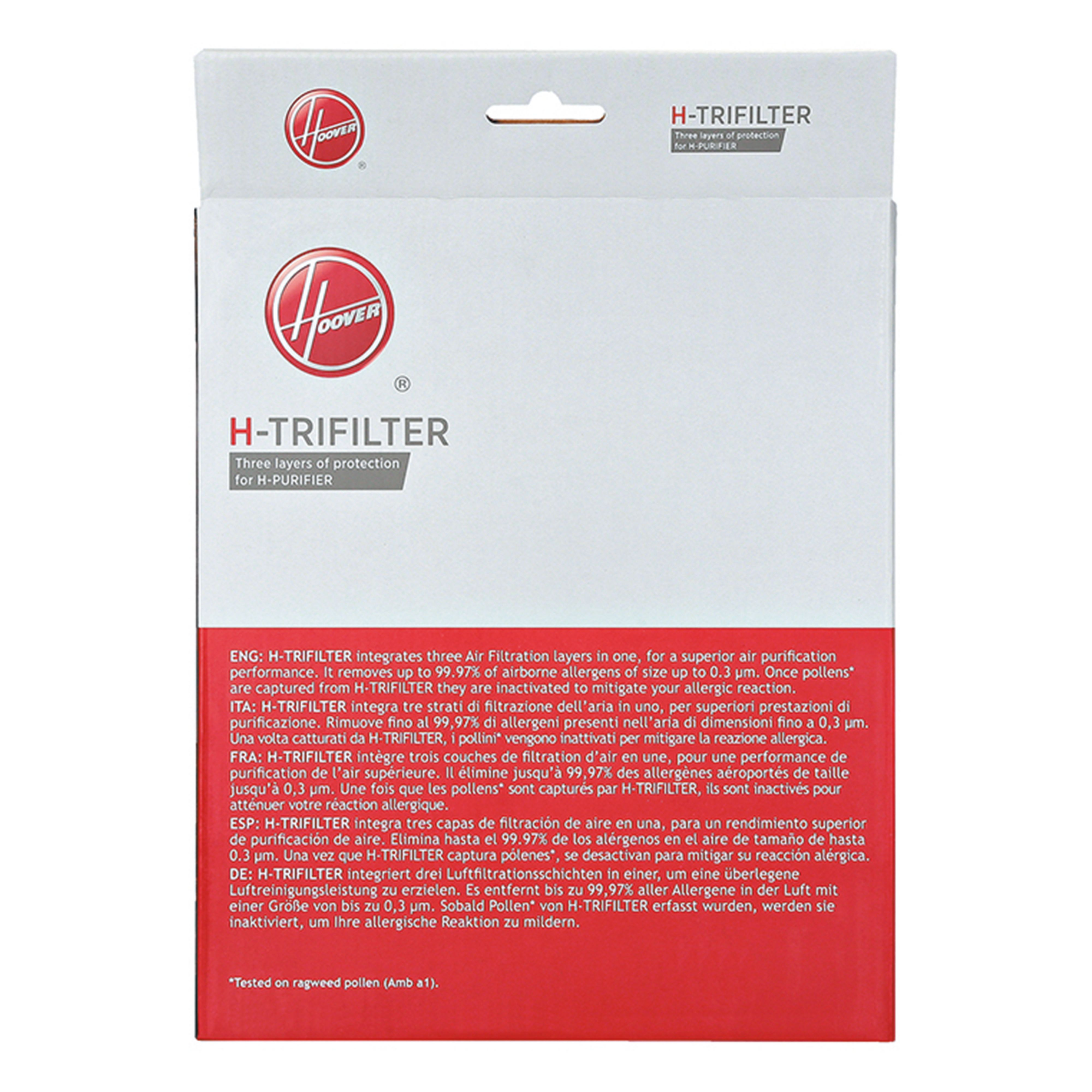Pudełko filtra Hoover ze szczegółami, kolory biały i czerwony.