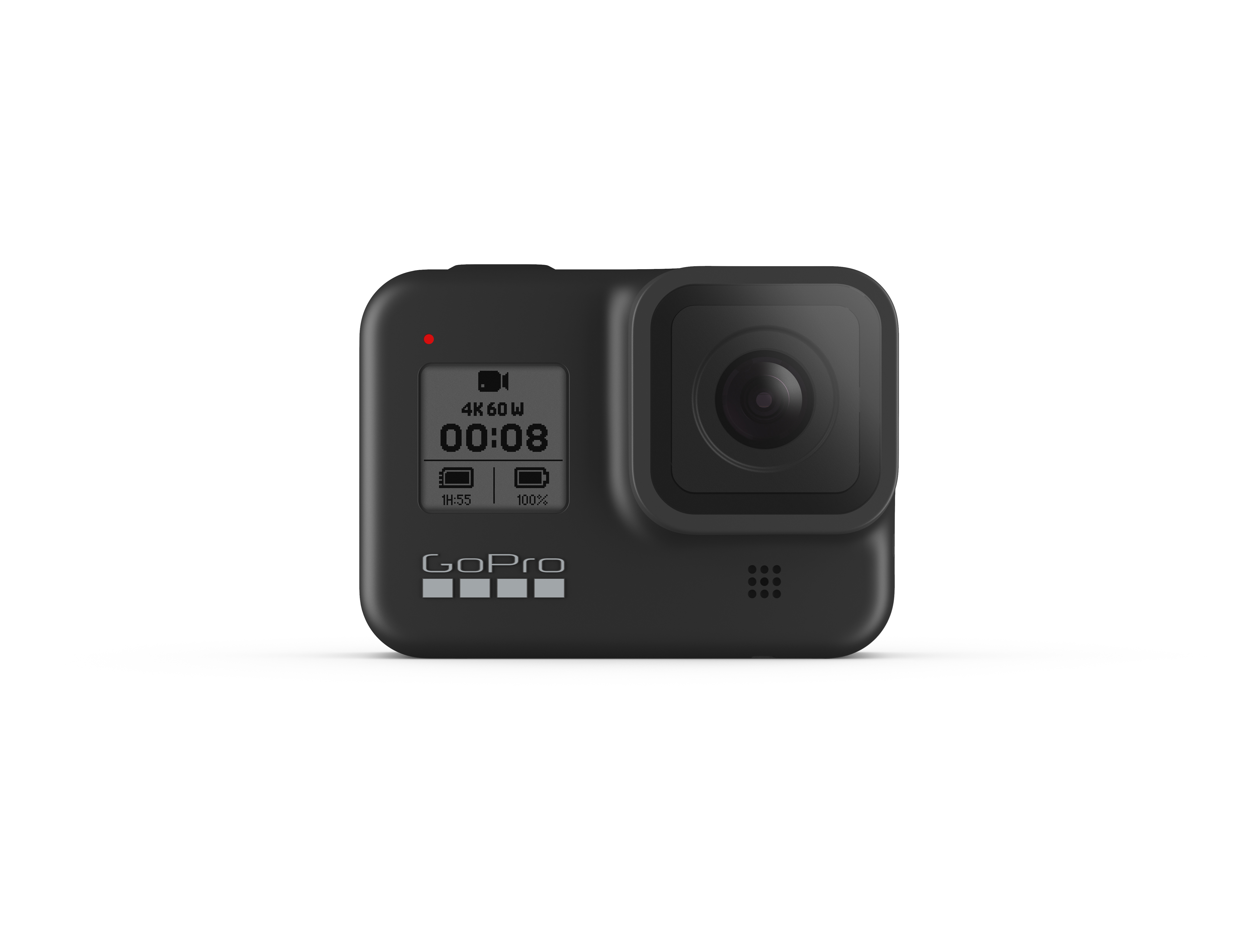 Schwarze GoPro-Kamera mit Display, auf weißer Oberfläche.