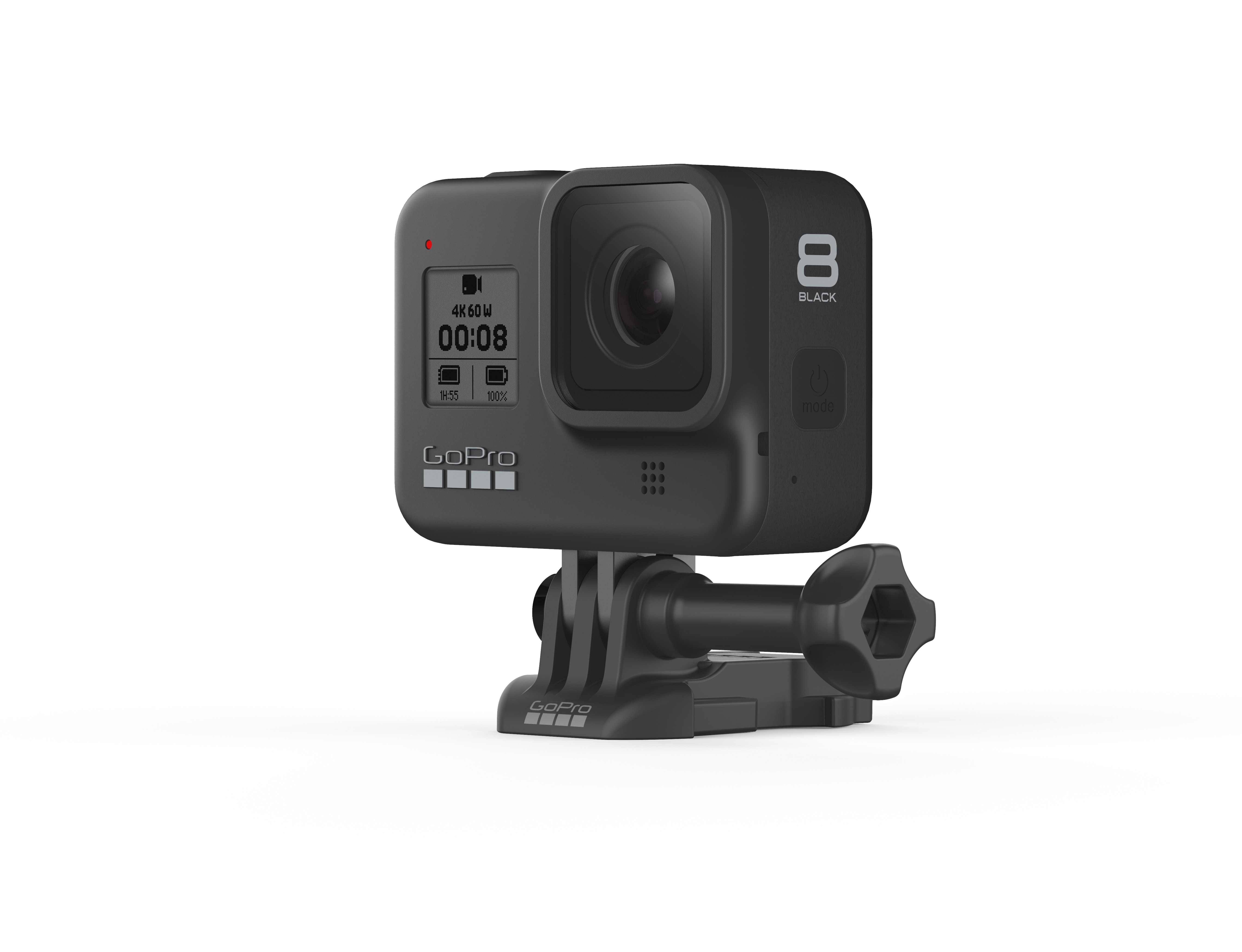 Schwarze GoPro Hero 8 Kamera mit Ständer, zeigt den Bildschirm mit 4K 60W-Info.