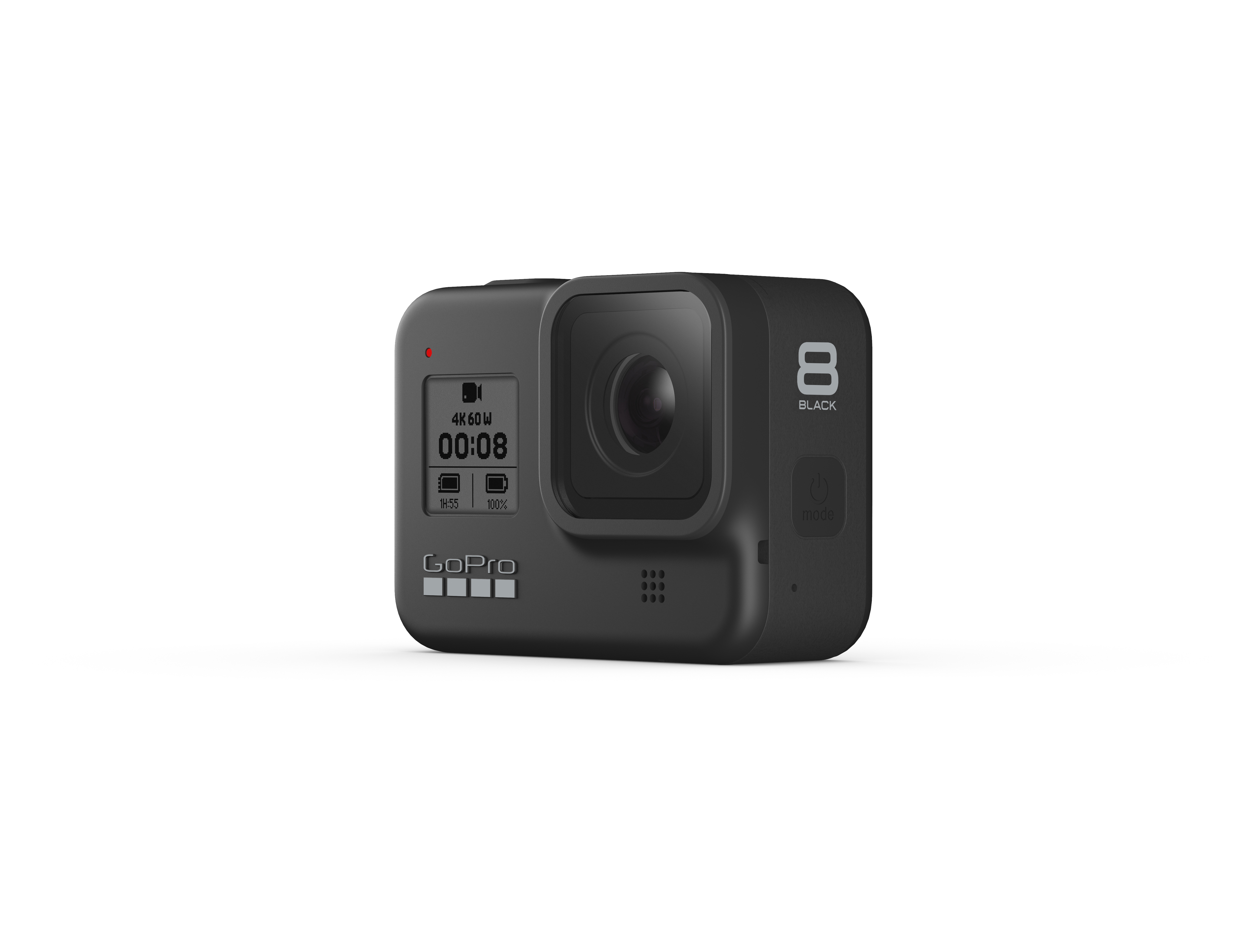 Schwarze GoPro-Kamera mit Display, auf weißer Oberfläche.