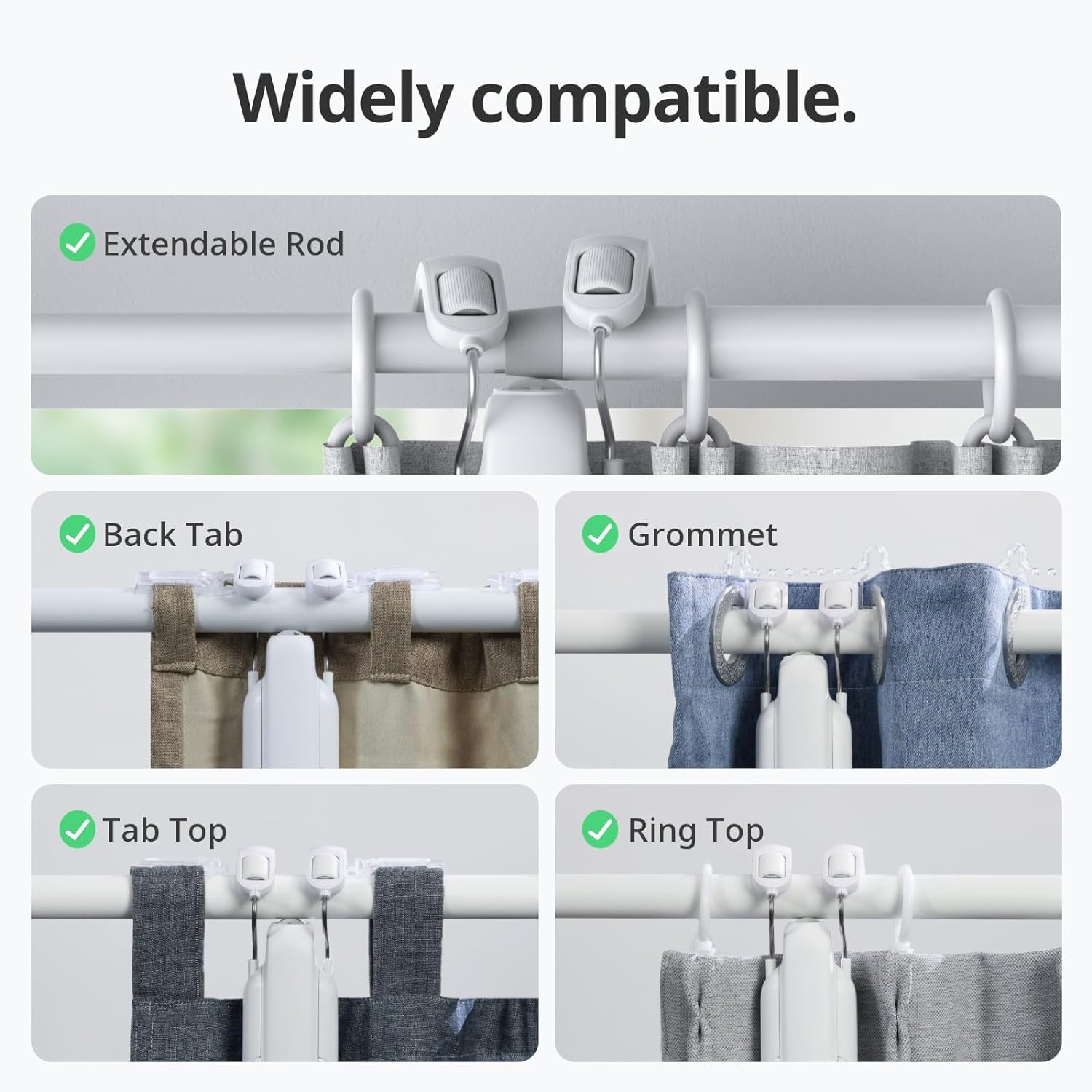 Obrazy pokazujące różne metody wieszania zasłon: wysuwany drążek, zakładka tylna, przelotka, górna zakładka i górny pierścień.