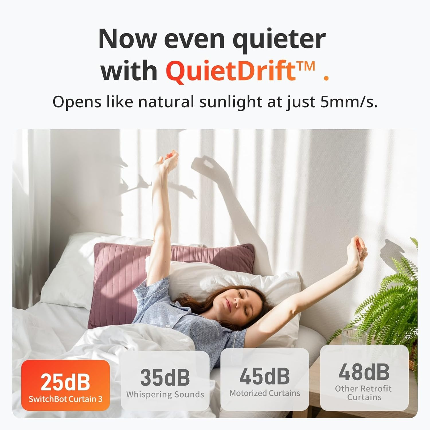 Kobieta w łóżku rozciąga się z uniesionymi ramionami. Tekst brzmi: Teraz jeszcze ciszej z QuietDrift.