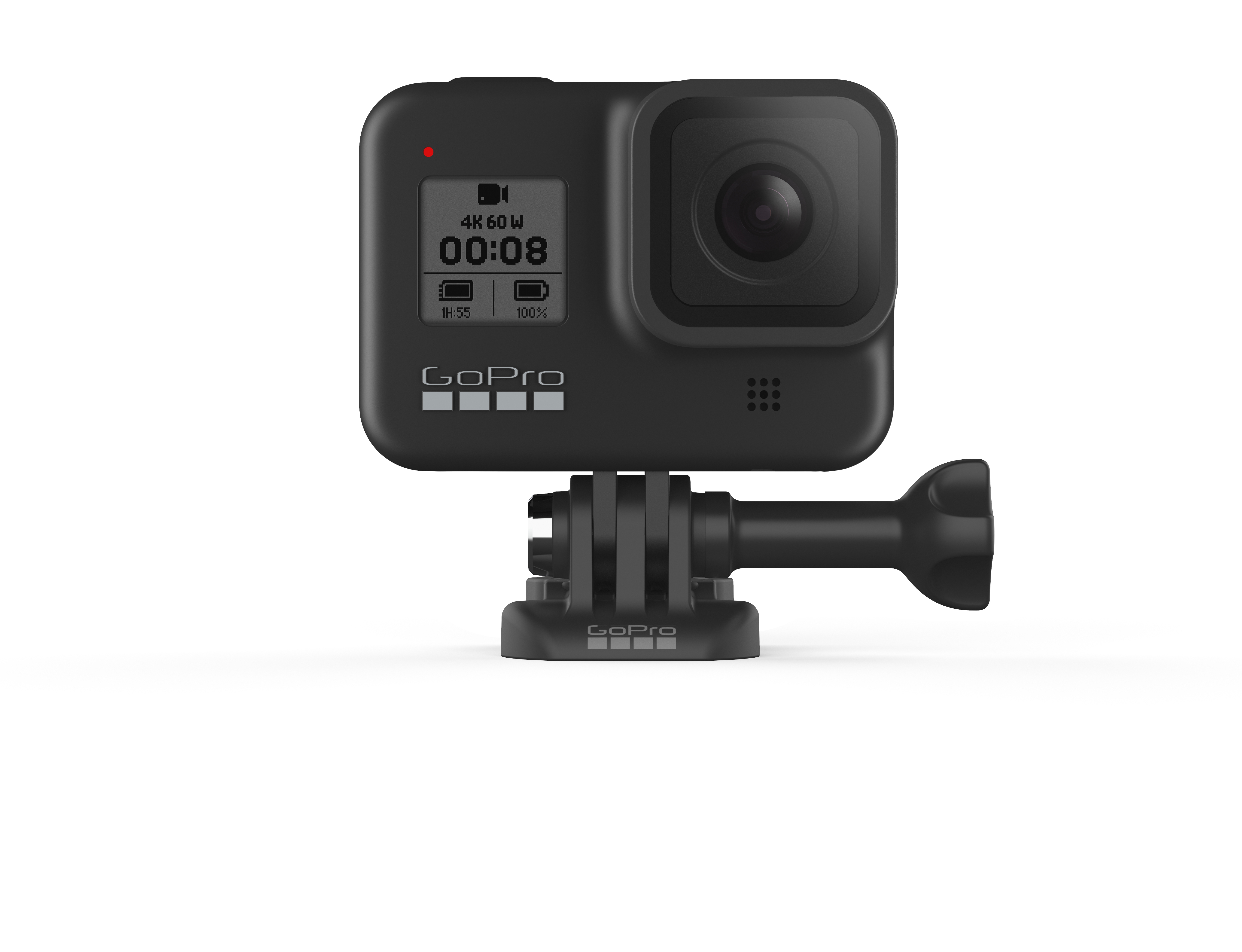 Schwarze GoPro-Kamera auf einem Ständer. Sie hat einen Bildschirm und das GoPro-Logo ist sichtbar.