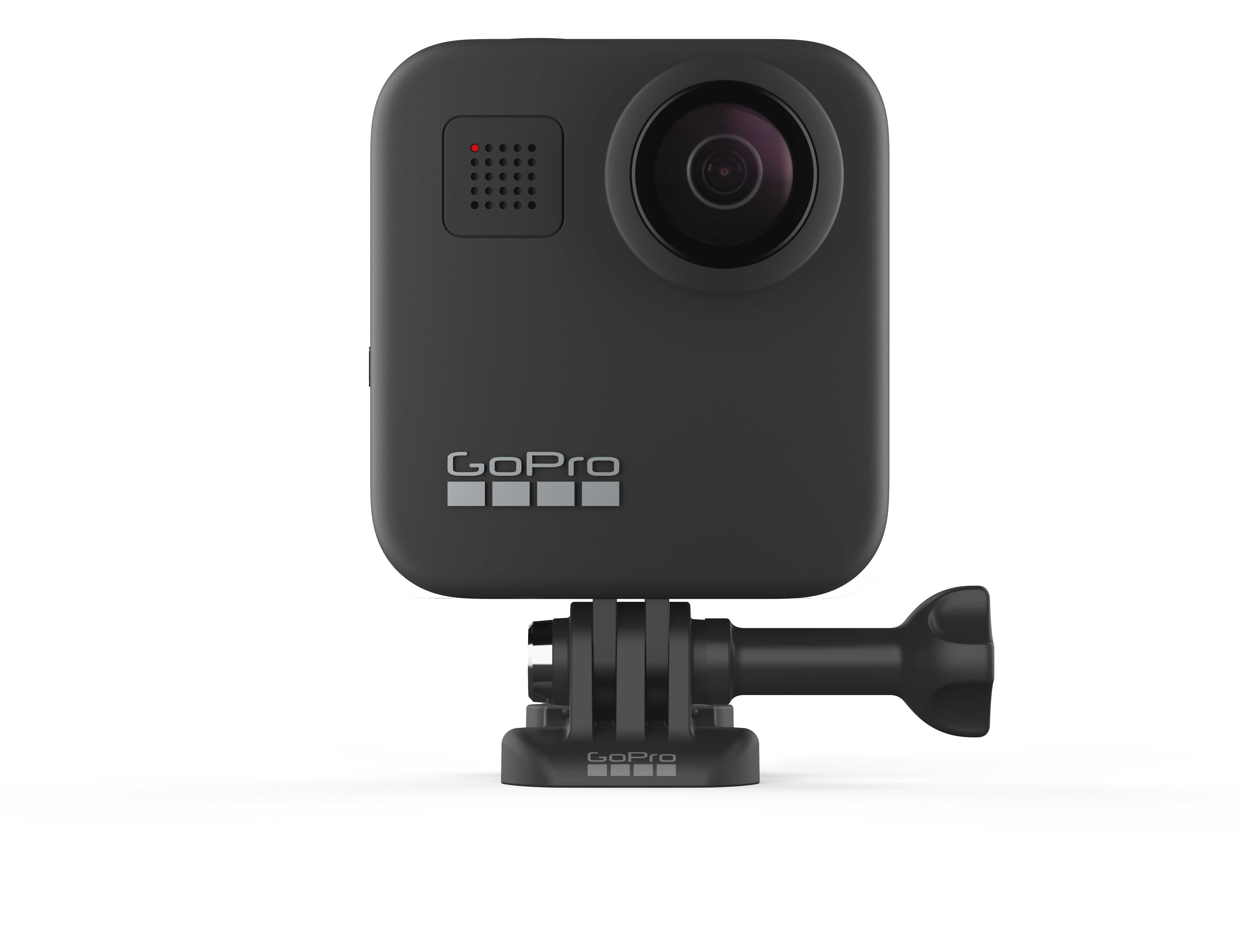 Schwarze GoPro MAX Kamera auf einem Ständer. Es hat ein rundes Objektiv und das GoPro-Logo ist sichtbar.