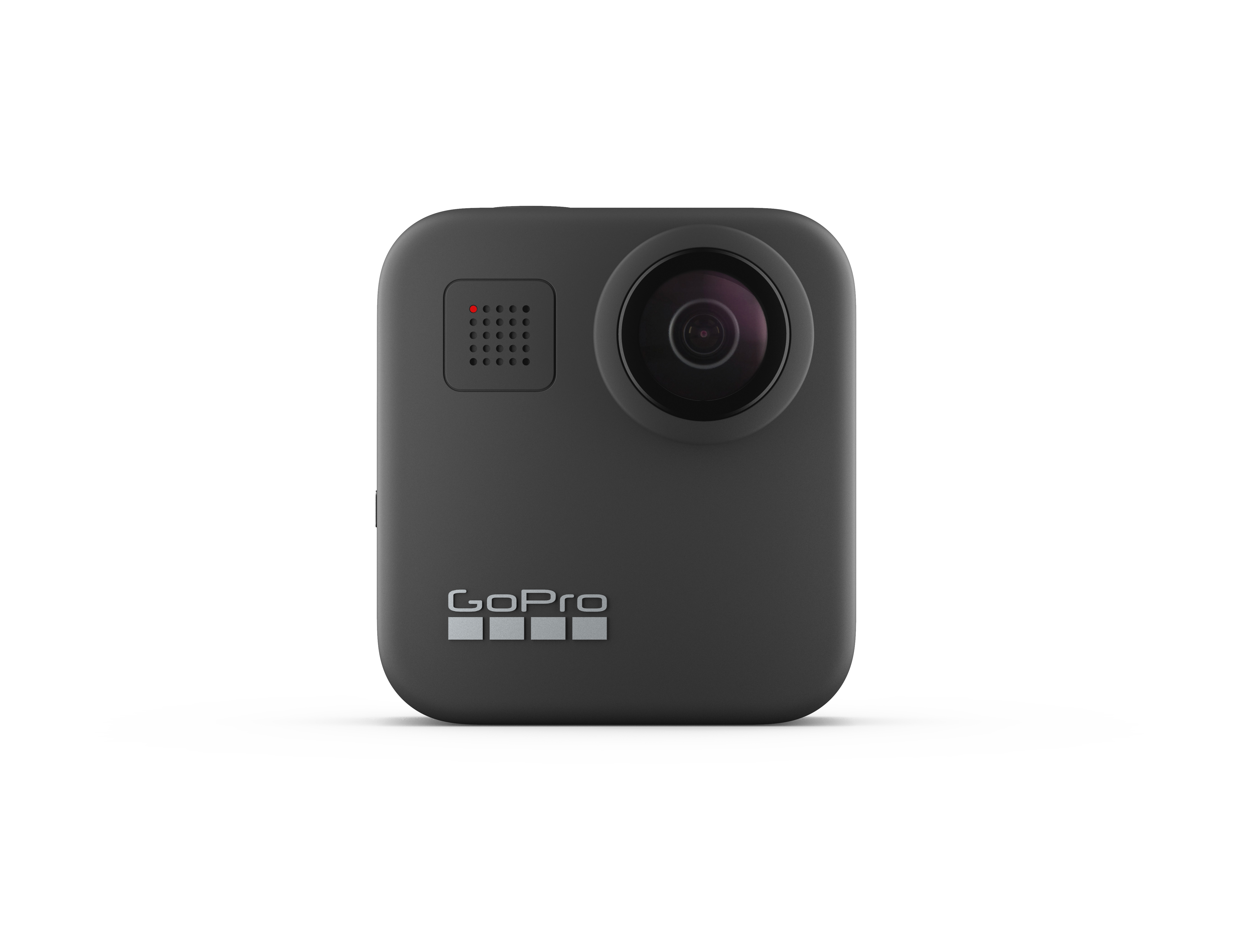 Schwarze GoPro-Kamera auf einer weißen Oberfläche. Es hat ein rundes Objektiv und das GoPro-Logo ist sichtbar.