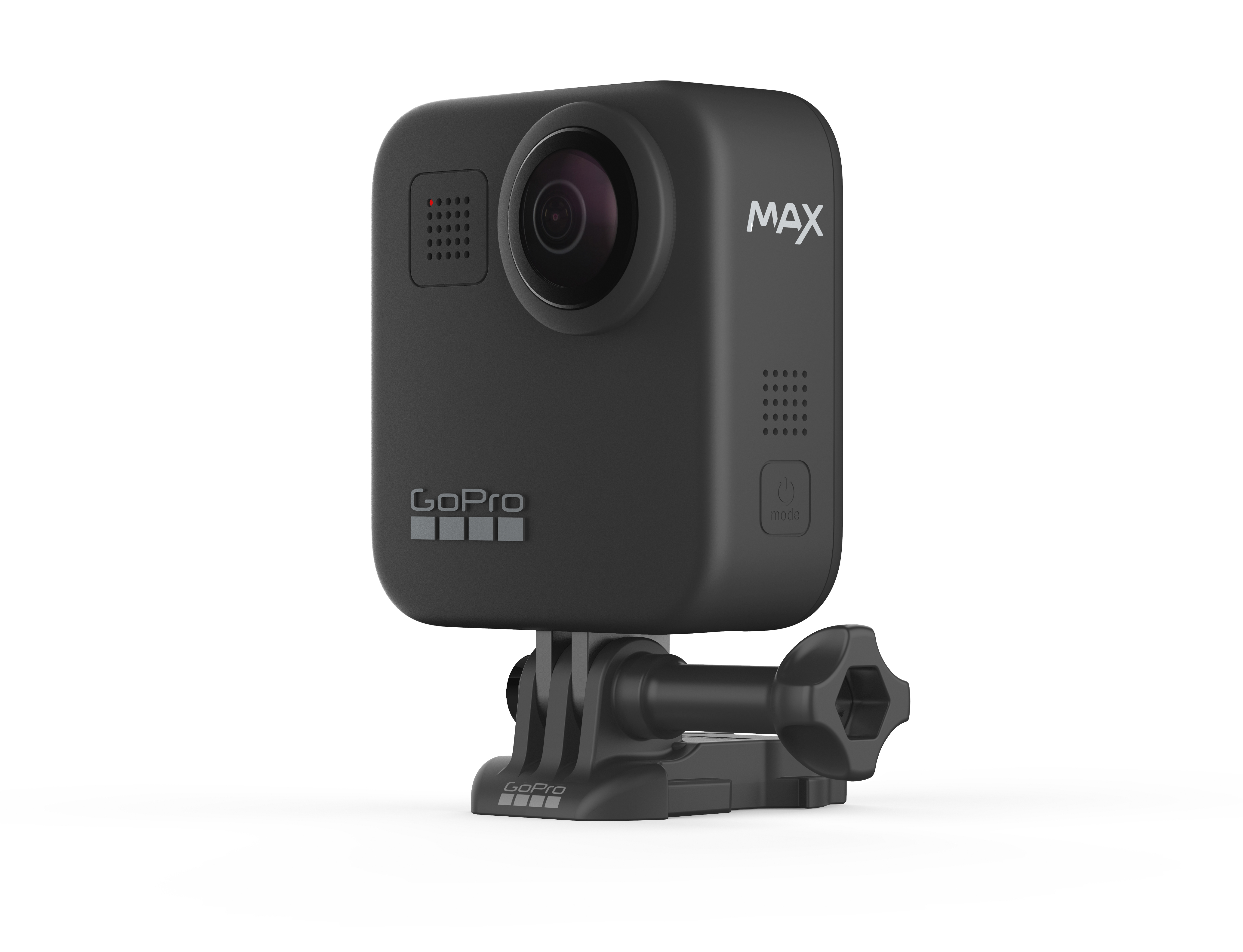 Schwarze GoPro MAX Kamera auf einem Ständer. Es hat ein rundes Objektiv und das GoPro-Logo ist sichtbar.