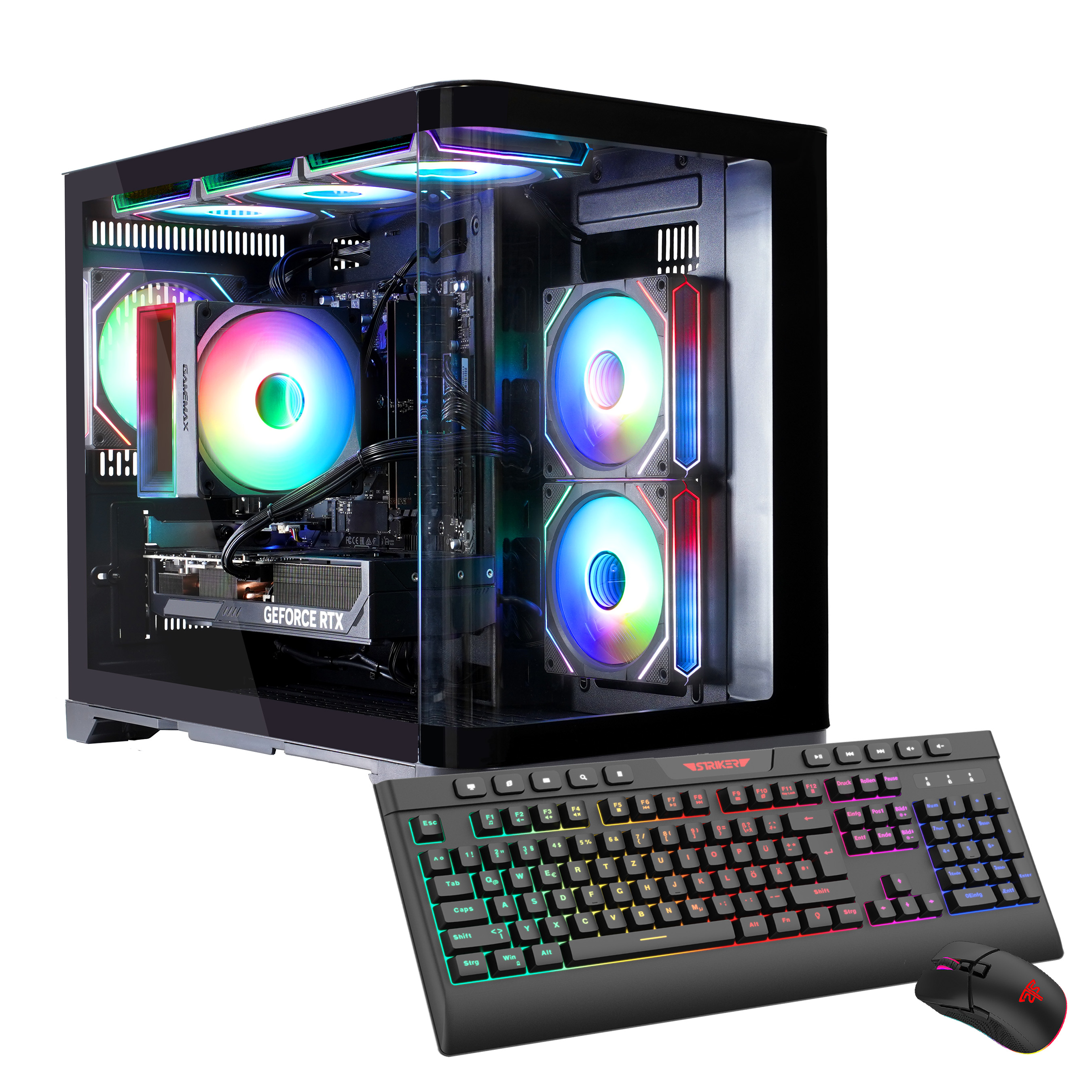 Ein Computer mit Glasgehäuse, Tastatur und Maus. Tastatur und Maus haben RGB-Lichter.